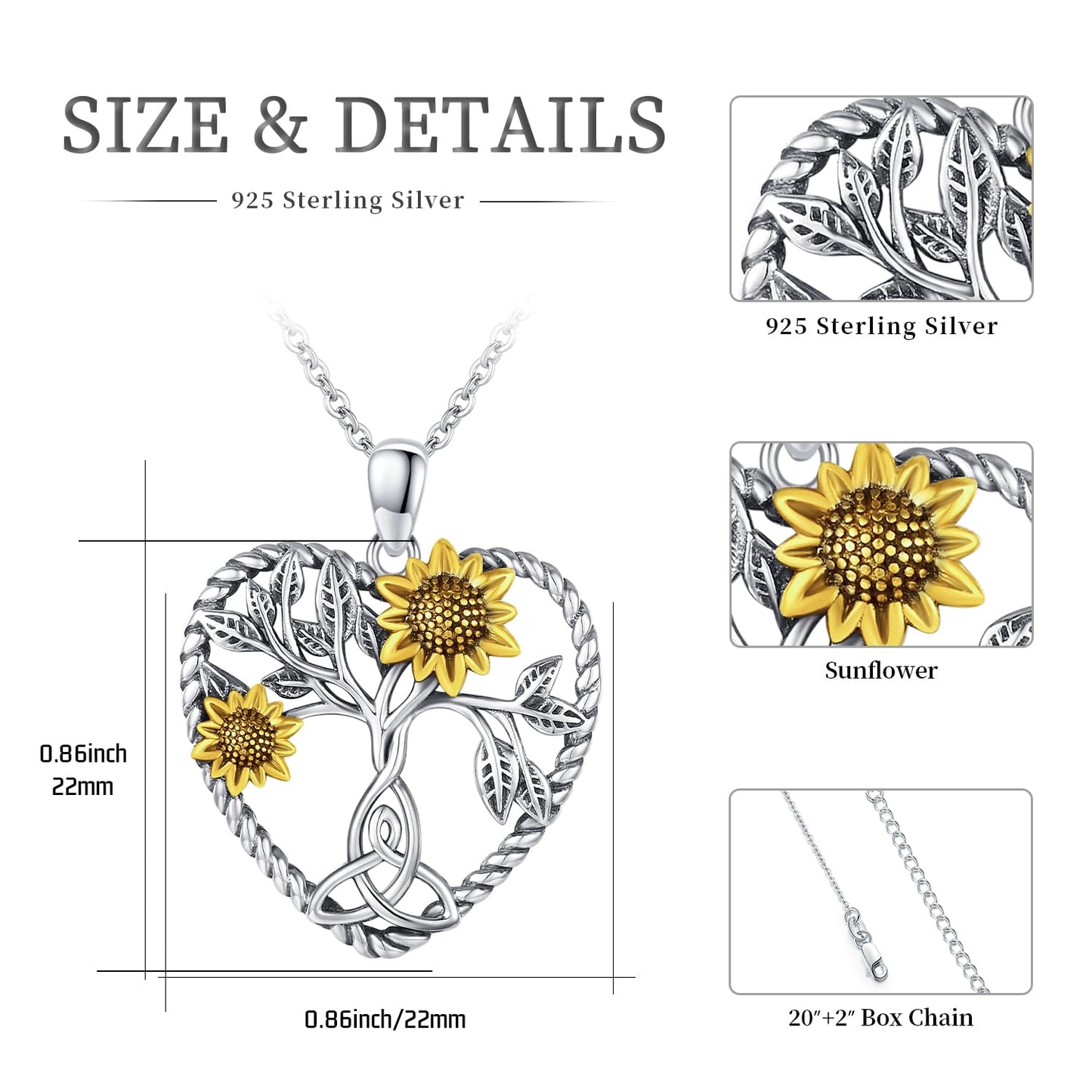 Ederseensucht-Sonnenblumen-Halskette, 925er Sterlingsilber, Gänseblümchen/Rose/Mondstein, Sonnenblumen-Baum des Lebens-Anhänger-Halskette, Sonnenblumen-Schmuck, Geschenke für Frauen, Mädchen, Mütter