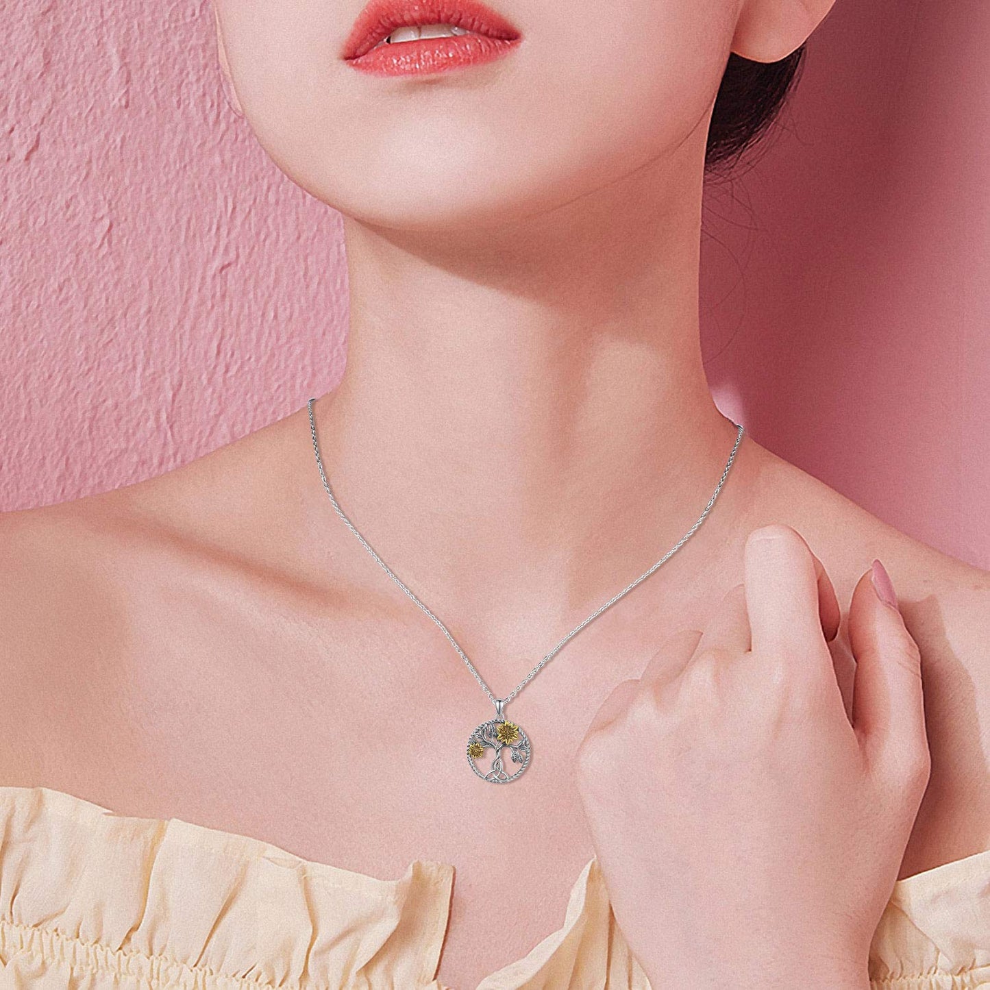 Ederseensucht-Sonnenblumen-Halskette, 925er Sterlingsilber, Gänseblümchen/Rose/Mondstein, Sonnenblumen-Baum des Lebens-Anhänger-Halskette, Sonnenblumen-Schmuck, Geschenke für Frauen, Mädchen, Mütter