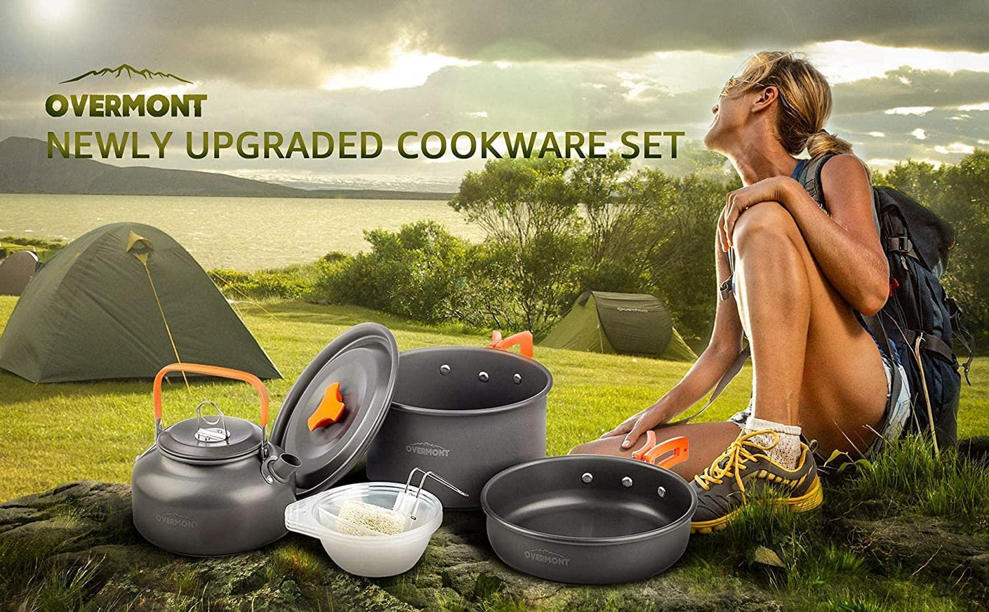 OVERMONT Camping Kochgeschirr Set Outdoor Geschirr Set Kochtopf Set Grillgeschirr Picknick Topf mit Kaffeekanne Teekanne Aluminium