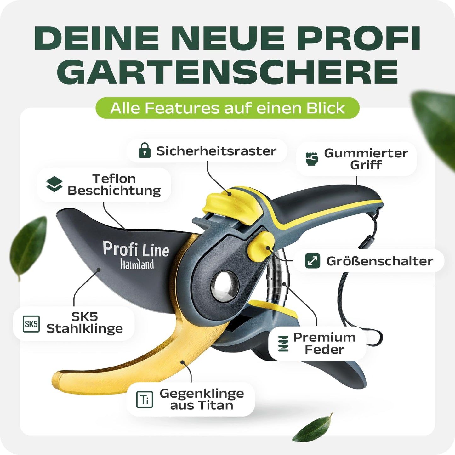 ELB halmland® Premium Gartenschere mit scharfer SK5 Stahlklinge | Astschere, Pflanzenschere | schneidet Äste bis 20mm Durchmesser | Teflon-Antihaftbeschichtung | für große & kleine Hände | Grün