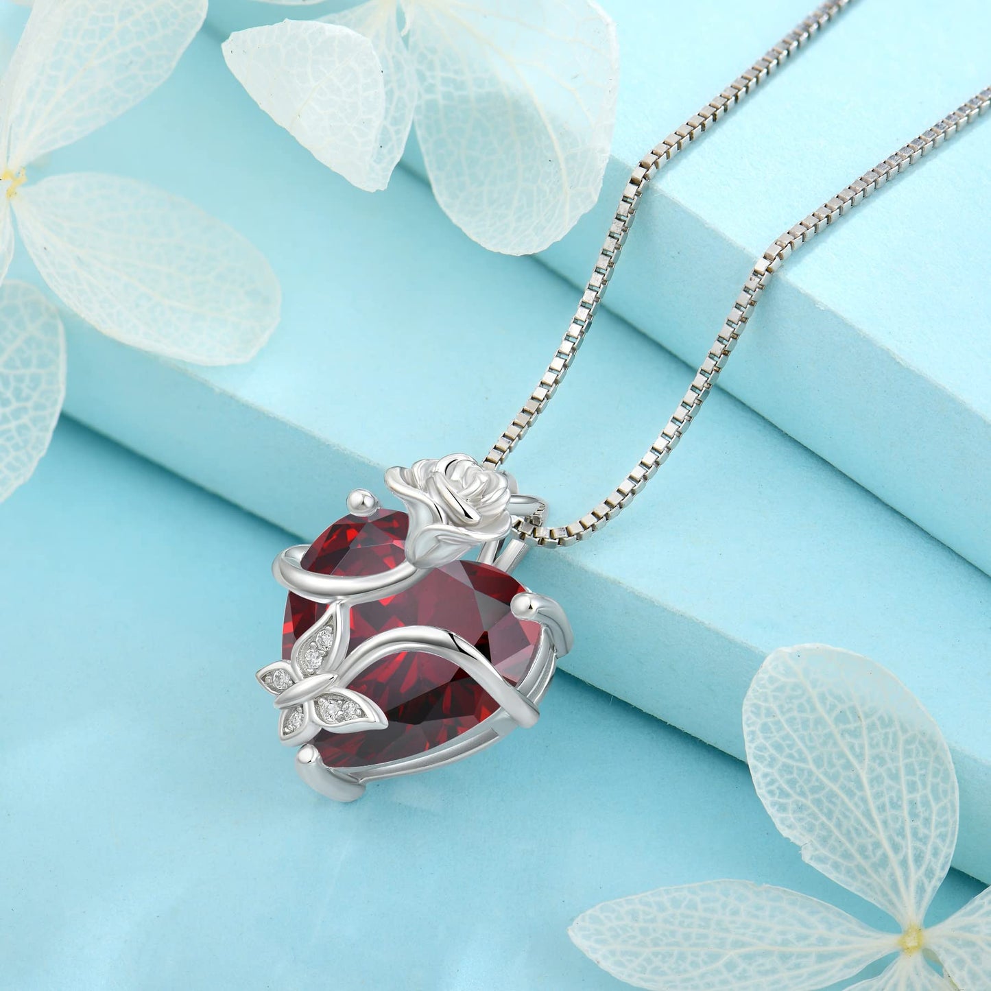 FJ Herz Geburtsstein Kette Damen 925 Sterling Silber Schmetterling Kette Anhänger mit Rose Blume Schmuck Geschenke für Frauen Mutter Freundin Mama