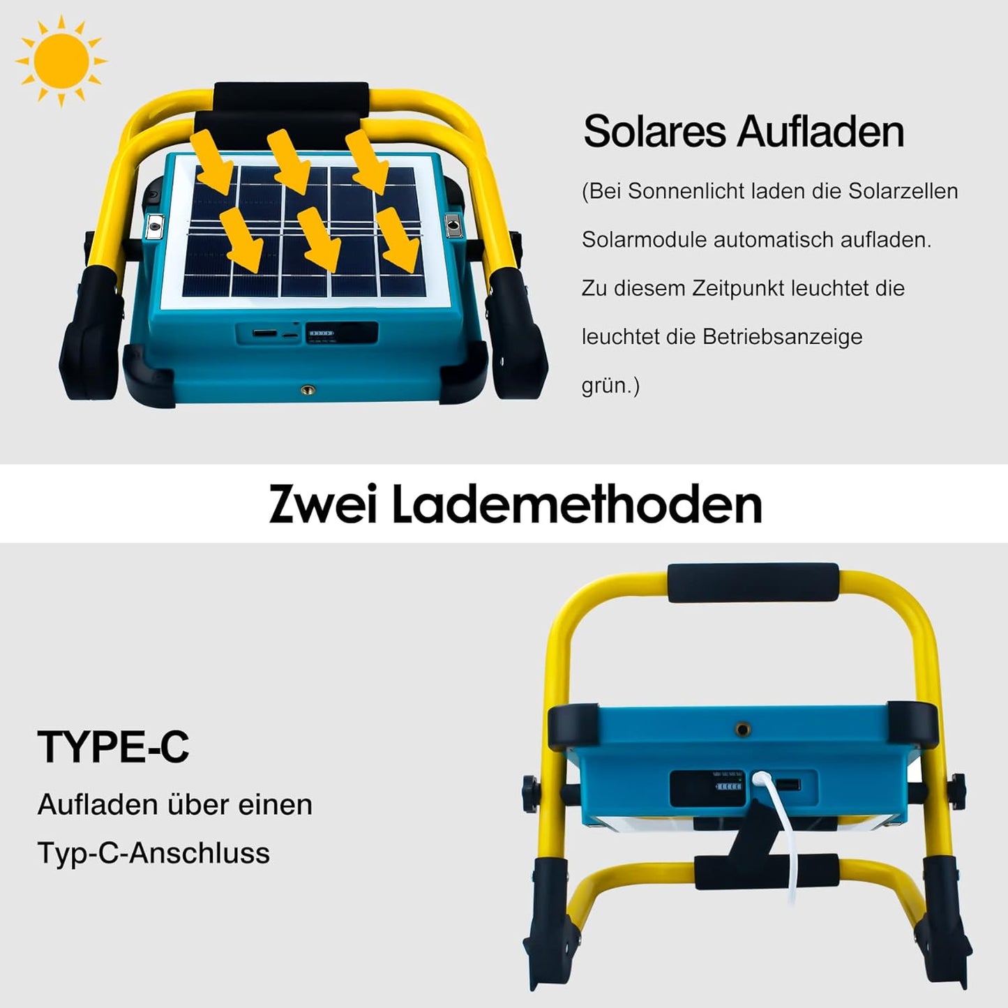 OUSIDE Baustrahler LED Akku mit Stativ, Tragbare LED Strahler Akku mit 10500mAh Batterie,Typ-C und Solarladung, 4 Lichtmodi - Ideal für Reparatur, Baustelle, Notfall