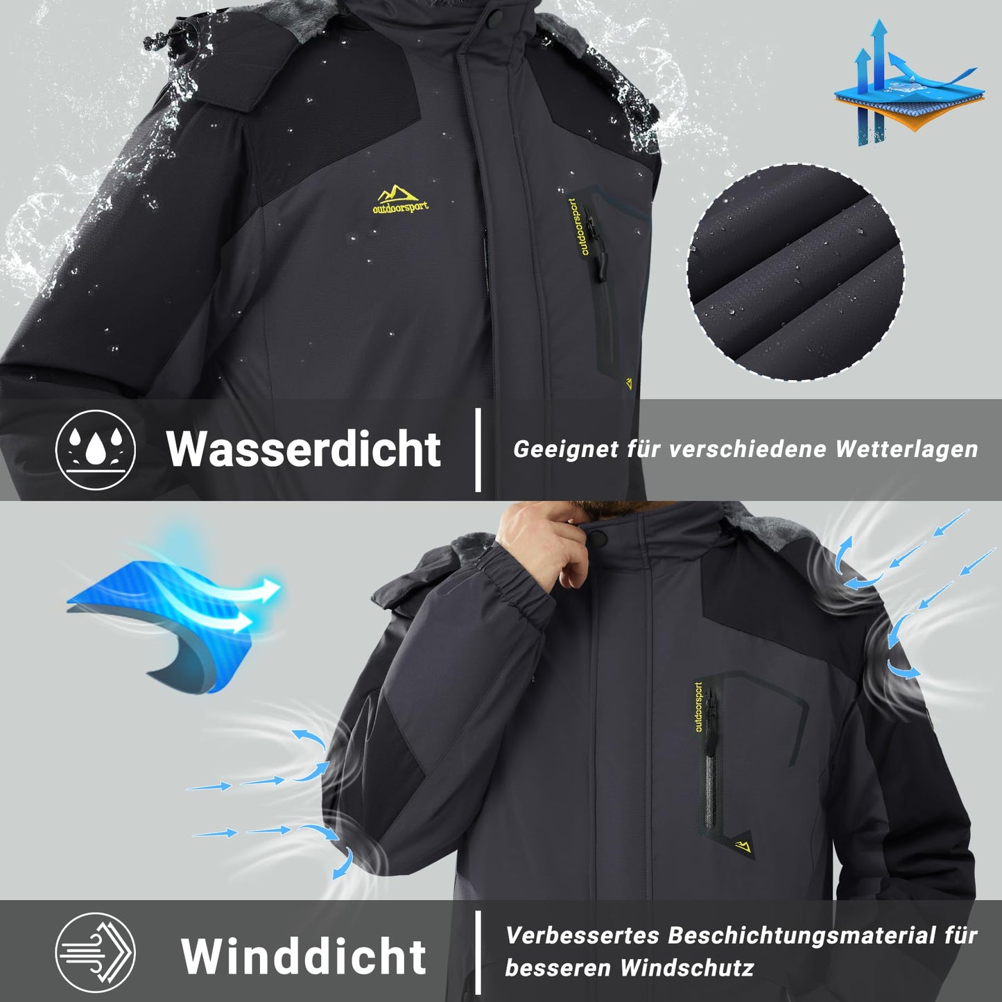 KEFITEVD Herren Skijacke Atmungsaktiv Warm Gefüttert Winterjacke mit Abnehmbarer Kapuze Snowboardjacke Wasserdicht Outdoorjacke