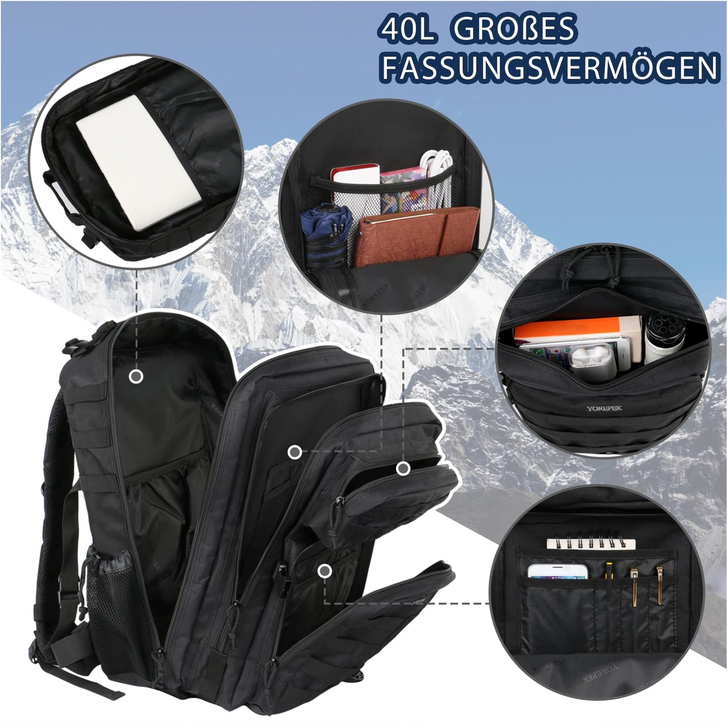 1.ELB Adventure YOREPEK Großer Militär Rucksack Herren, 40L Outdoor Armee Wasserdicht Taktischer Bundeswehr Rucksäcke Molle Assault Survival Tactical Travel Backpack für Camping Trekking Wandern Reise Arbeit, Schwarz