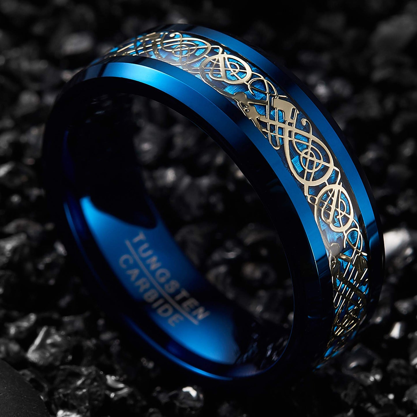 NUNCAD Schwarz Ring Wolfram Partner Ring Herren Damen 8mm Keltische Drachen Ring mit Kohlefasern Blau/Grün/Rot/Rosegold Größe 49.3-72(15.7-22.9)