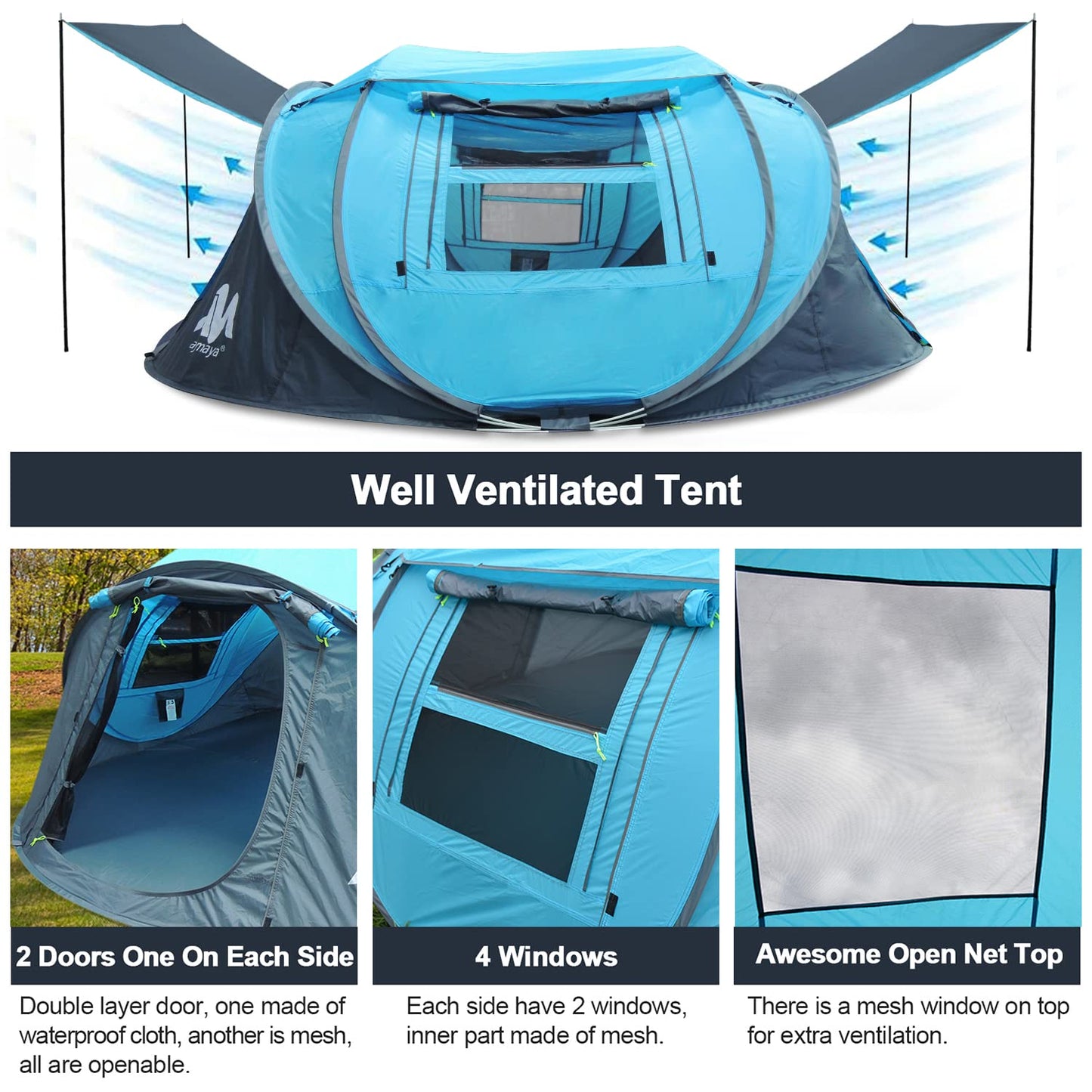 Zelt 3-4 Personen Pop Up Wurfzelt mit Große Dachfenster, Strandmuschel Automatik 4 Mann Zelte Wasserdicht Strandzelt Festivalzelt Schnellaufbauzelt für Outdoor Camping Picknick Wandern