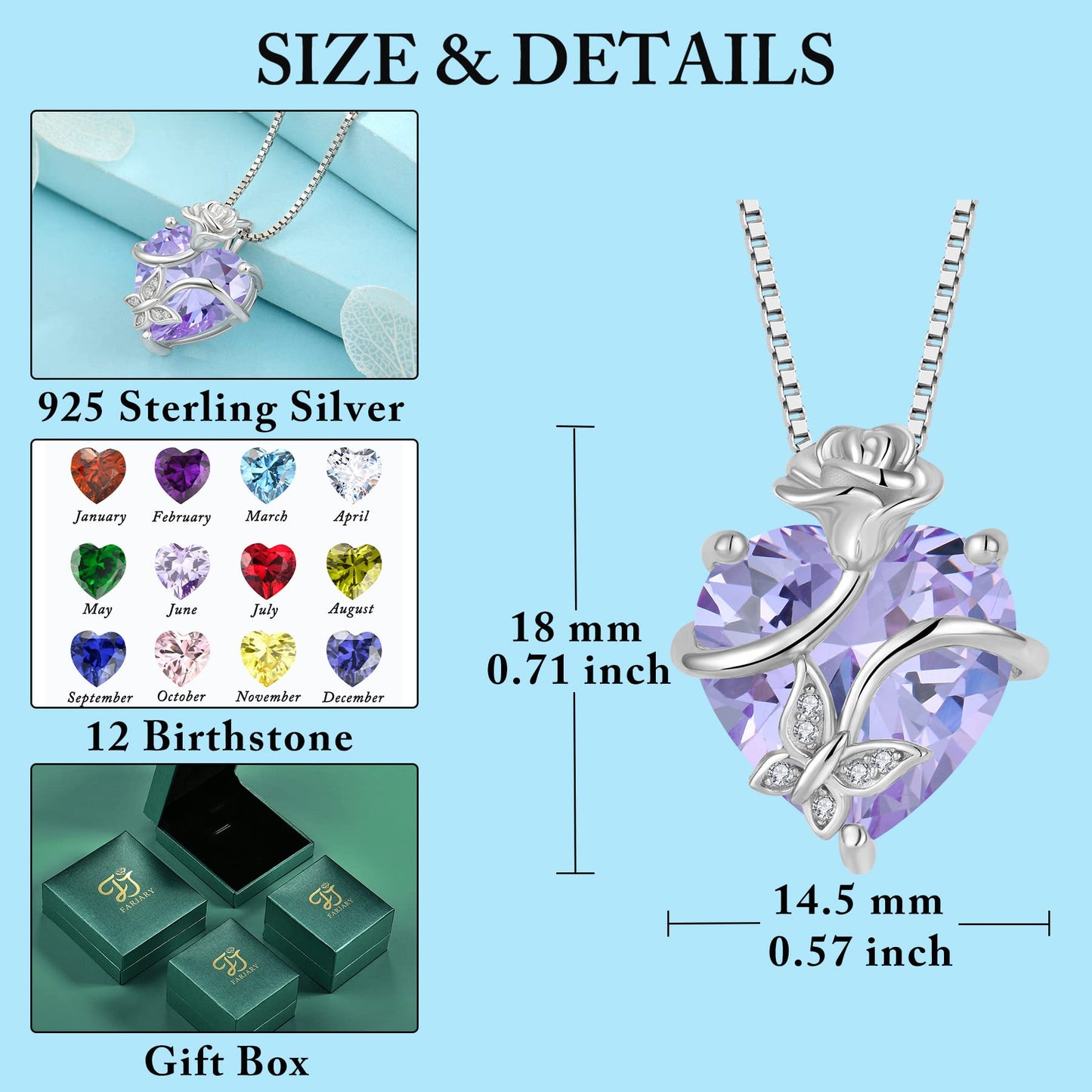 FJ Herz Geburtsstein Kette Damen 925 Sterling Silber Schmetterling Kette Anhänger mit Rose Blume Schmuck Geschenke für Frauen Mutter Freundin Mama