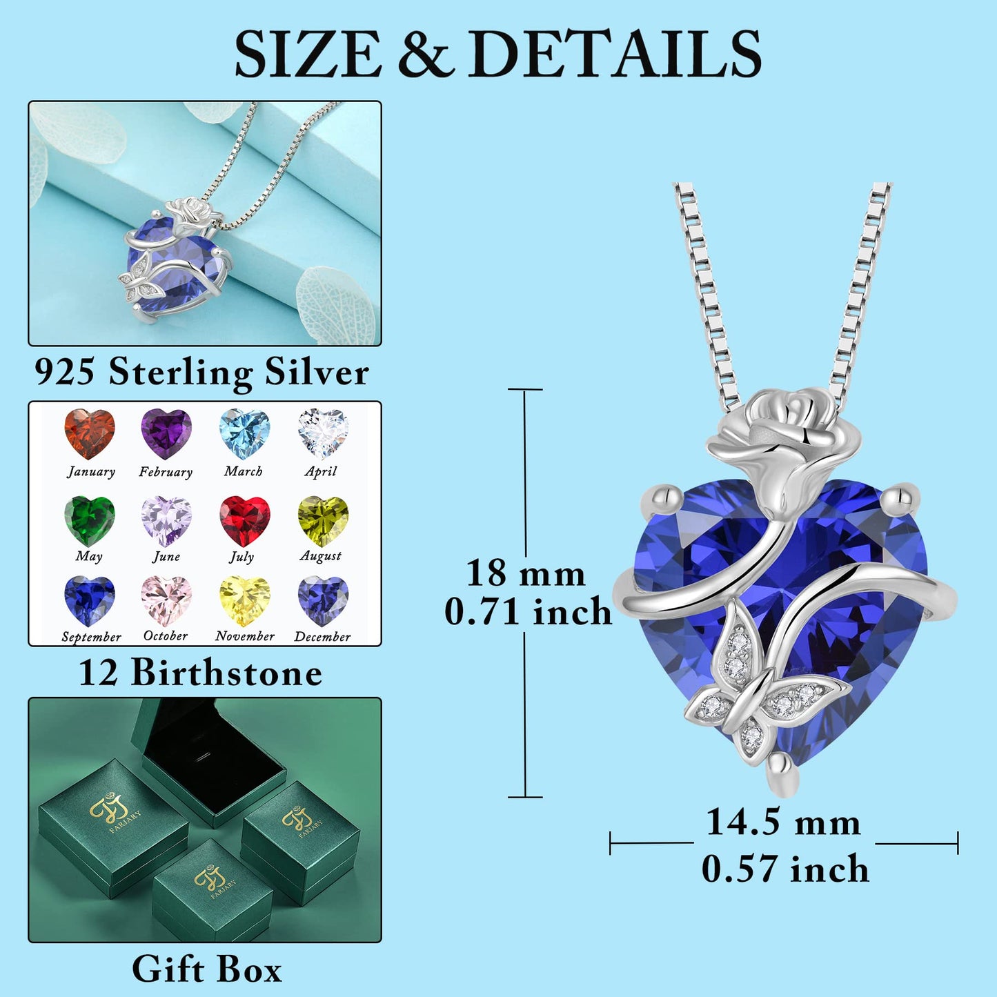 FJ Herz Geburtsstein Kette Damen 925 Sterling Silber Schmetterling Kette Anhänger mit Rose Blume Schmuck Geschenke für Frauen Mutter Freundin Mama