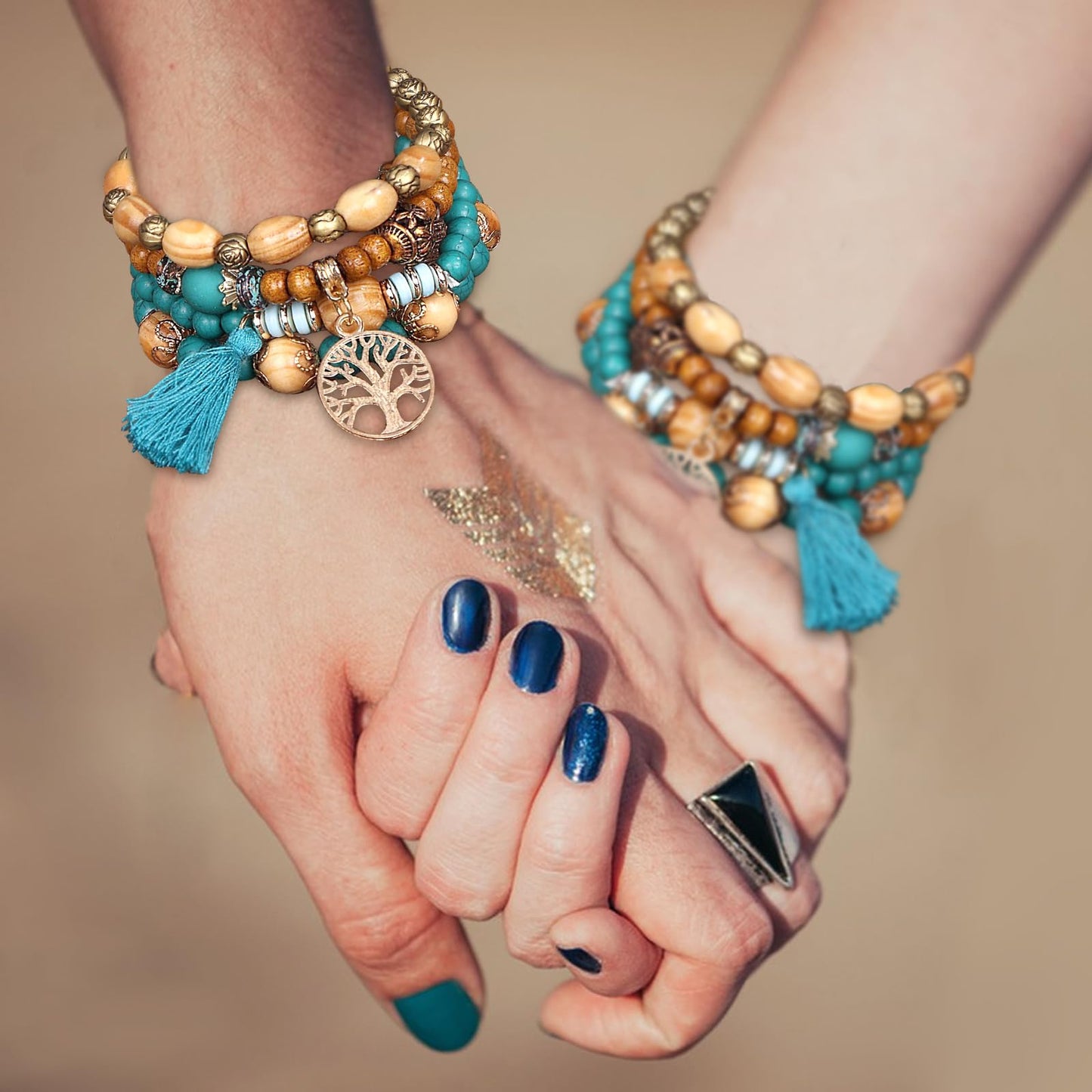Sternstunde 4 Stück Boho Armbänder Damen, Chakra Armband für Frauen, Schmuck Boho Armreifen mit Holzperlen und Quaste, Chakra Armband, Lebensbaum-Charm, Liebe, Statement-Armreifen