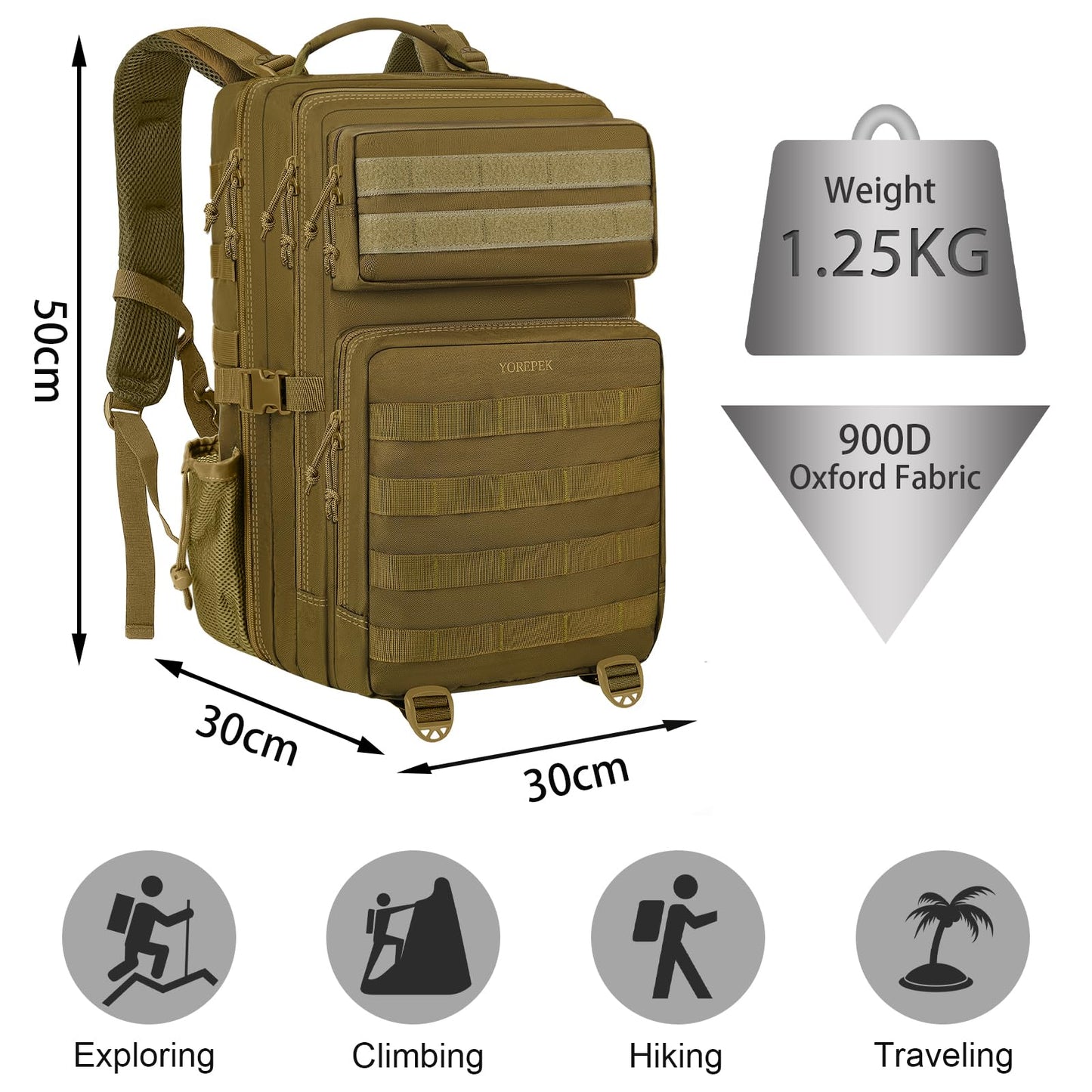 1.ELB Adventure YOREPEK Großer Militär Rucksack Herren, 40L Outdoor Armee Wasserdicht Taktischer Bundeswehr Rucksäcke Molle Assault Survival Tactical Travel Backpack für Camping Trekking Wandern Reise Arbeit, Schwarz