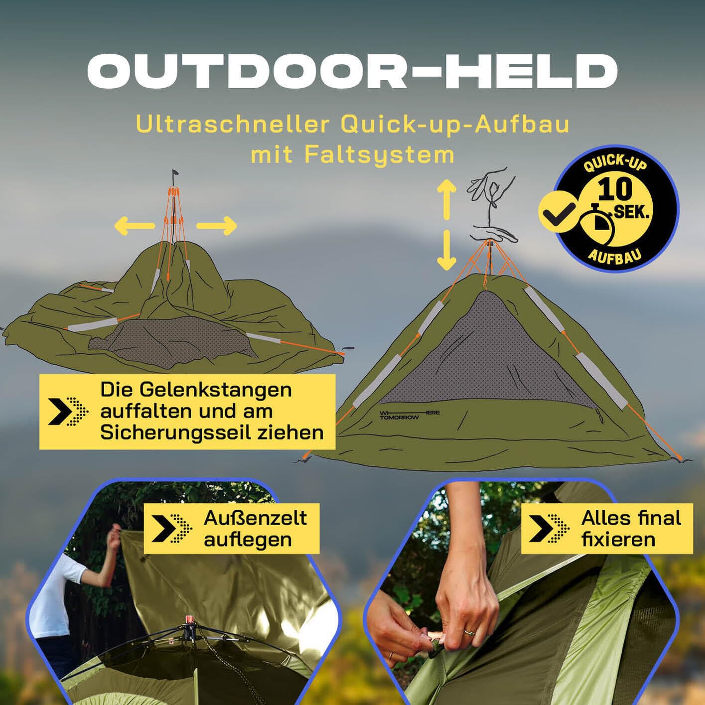 Lumaland Camping Zelt | Leichtes Pop Up Wurfzelt | 2-3 Personen Kuppelzelt | Trekking & Festival Igluzelt | Sekundenzelt Wasserdicht 210x190x110cm | Wind- & Sonnenschutz | Mit 1 & 2 Eingängen