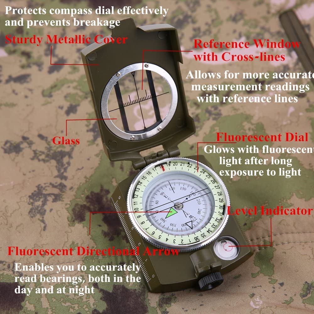 Sportneer Militär Marschkompass, Professioneller Taschenkompass Peilkompass Kompass Compass mit Tragschlaufe für Jagd Wandern und Aktivitäten Camping im Freien, Wasserfest und Stoßfest