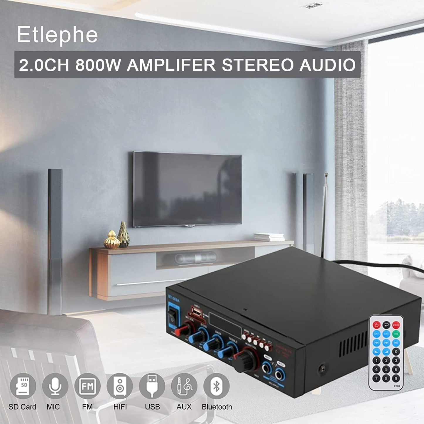 Etlephe Mini Verstärker,HIFI Verstärker,Bluetooth 5.0-Stereo Audio,12 V 220 V 600 W, 2 Kanäle, LCD-Display, High Fidelity, tragbares UKW-Radio, SD/USB-Karteneingang, für Zuhause oder Auto