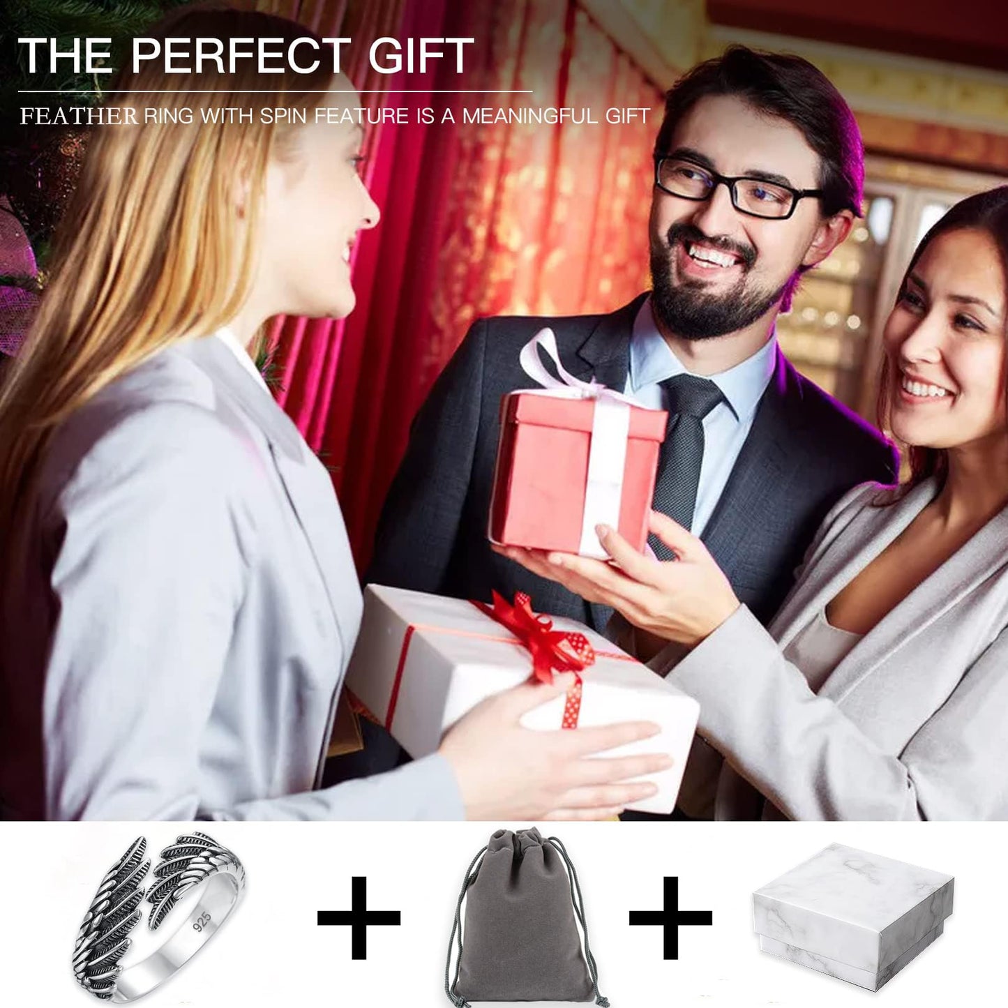 Ring Verstellbar 925 Silber Feder Ring Frauen Offene Ring Unisex Vintage Angel Ring Engels Flügel Ring für Damen Frauen Schmuck Geschenk personalisiert Verlobungsringe Eheringe mit Geschenkbox