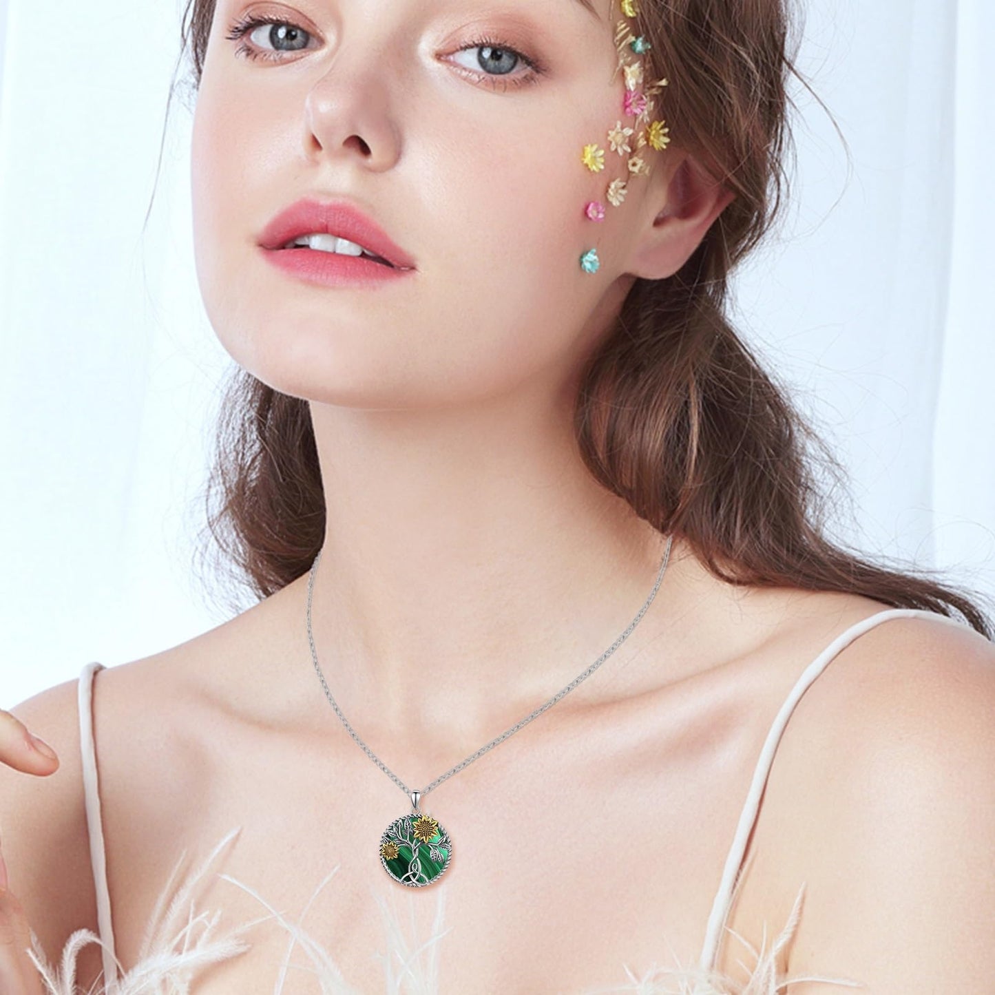 Ederseensucht-Sonnenblumen-Halskette, 925er Sterlingsilber, Gänseblümchen/Rose/Mondstein, Sonnenblumen-Baum des Lebens-Anhänger-Halskette, Sonnenblumen-Schmuck, Geschenke für Frauen, Mädchen, Mütter