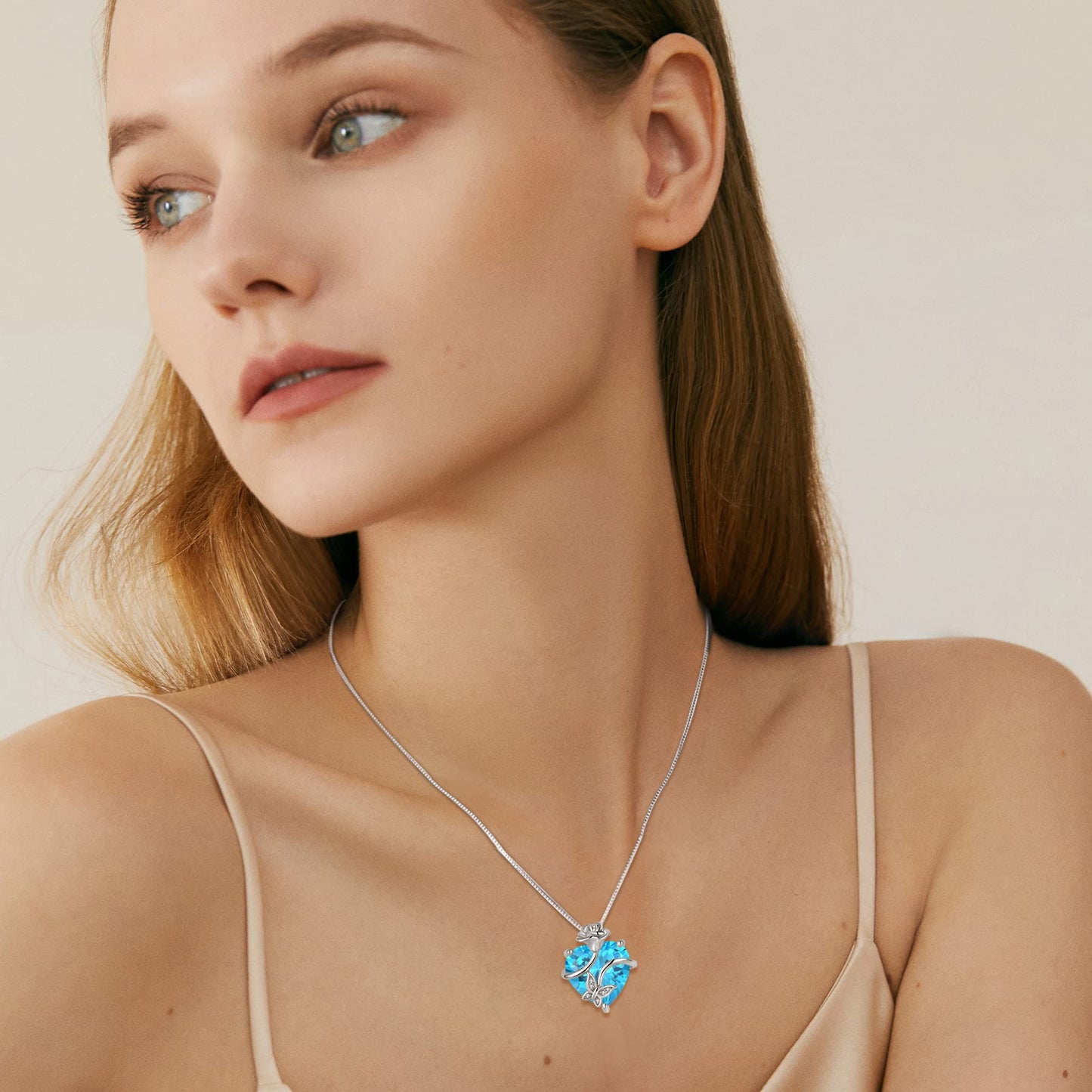 FJ Herz Geburtsstein Kette Damen 925 Sterling Silber Schmetterling Kette Anhänger mit Rose Blume Schmuck Geschenke für Frauen Mutter Freundin Mama