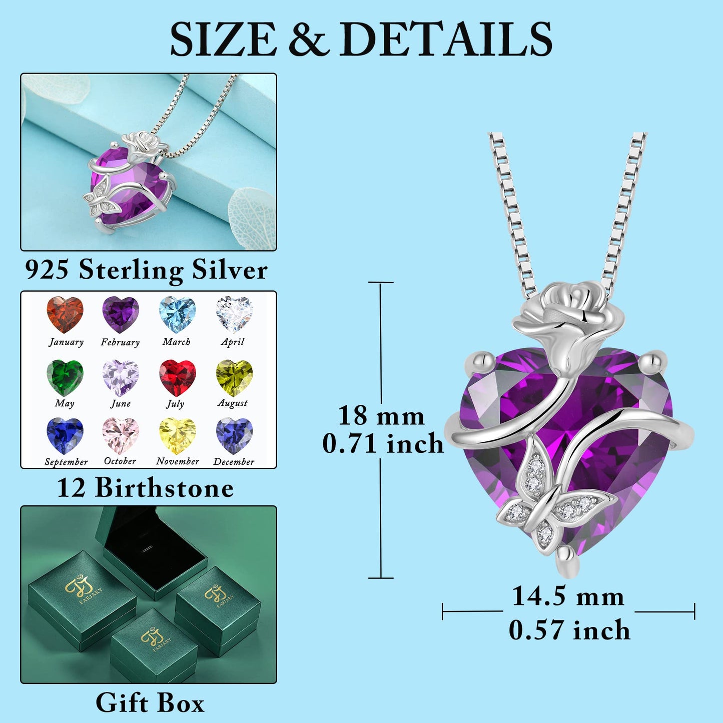 FJ Herz Geburtsstein Kette Damen 925 Sterling Silber Schmetterling Kette Anhänger mit Rose Blume Schmuck Geschenke für Frauen Mutter Freundin Mama
