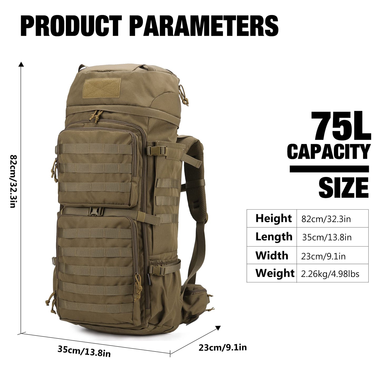 ELB Marder Mardingtop 75L Rucksack Taktischer Rucksack Wanderrucksack Trekkingrucksack YKK Zipper mit der großen Kapazität