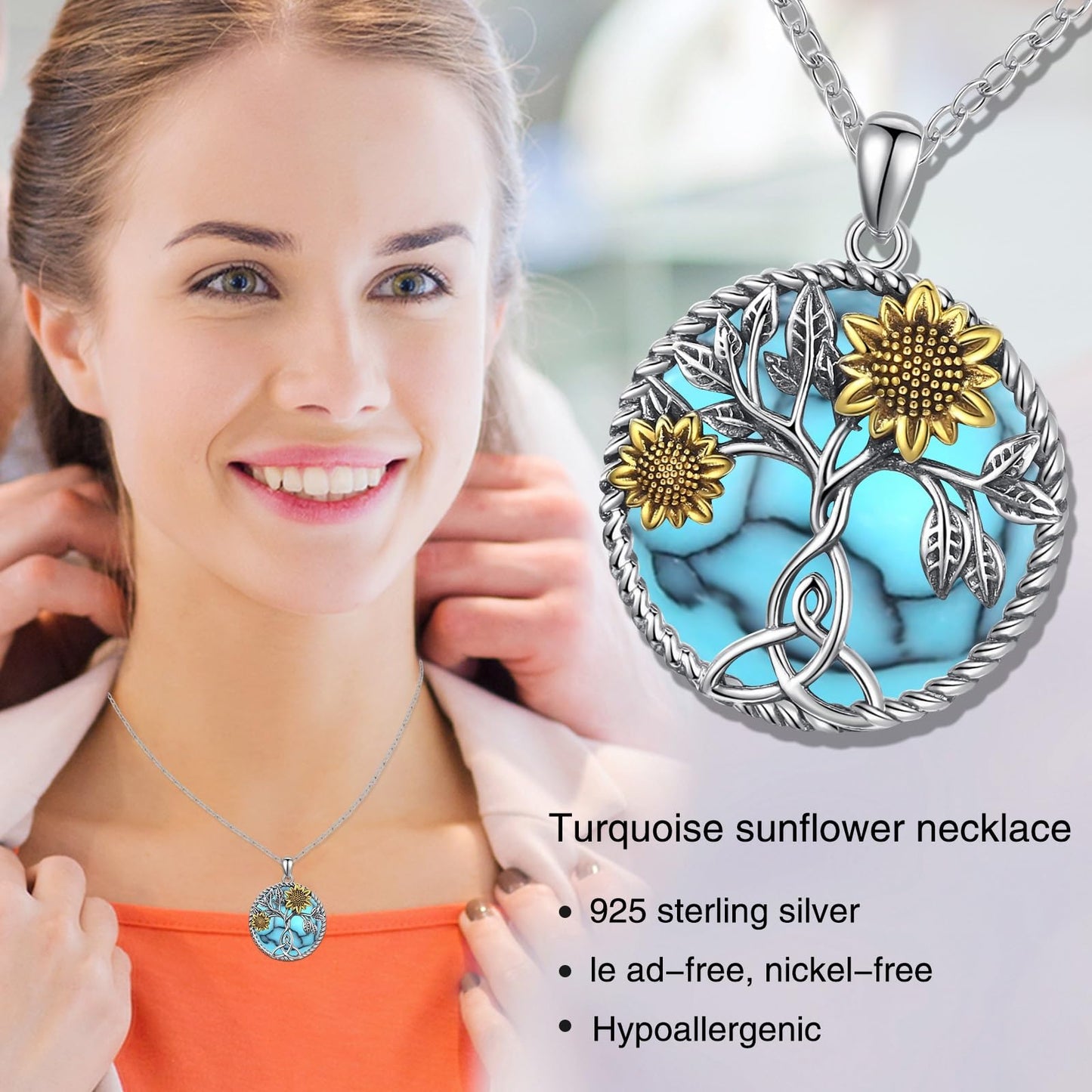 Ederseensucht-Sonnenblumen-Halskette, 925er Sterlingsilber, Gänseblümchen/Rose/Mondstein, Sonnenblumen-Baum des Lebens-Anhänger-Halskette, Sonnenblumen-Schmuck, Geschenke für Frauen, Mädchen, Mütter