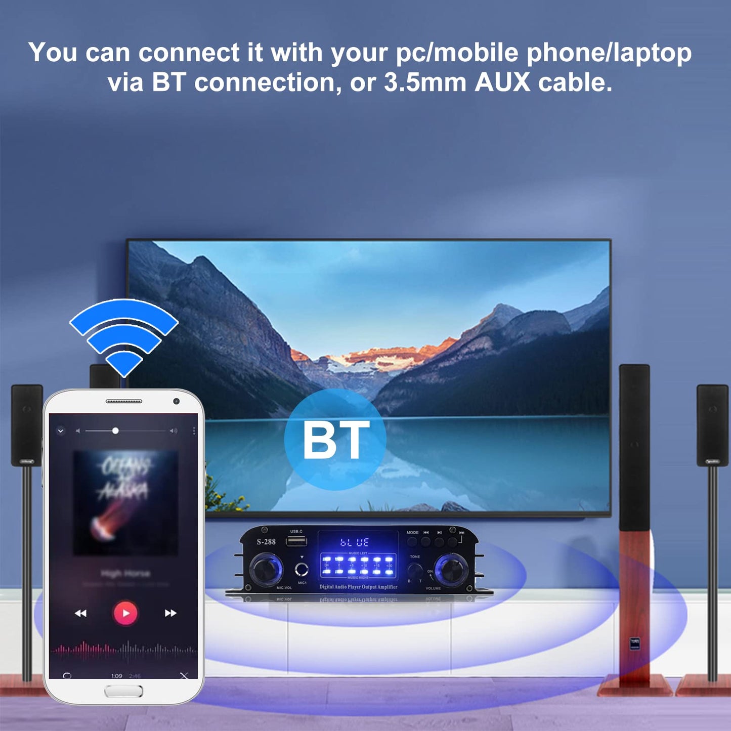 Etlephe Mini Verstärker,HIFI Verstärker,Bluetooth 5.0-Stereo Audio,12 V 220 V 600 W, 2 Kanäle, LCD-Display, High Fidelity, tragbares UKW-Radio, SD/USB-Karteneingang, für Zuhause oder Auto