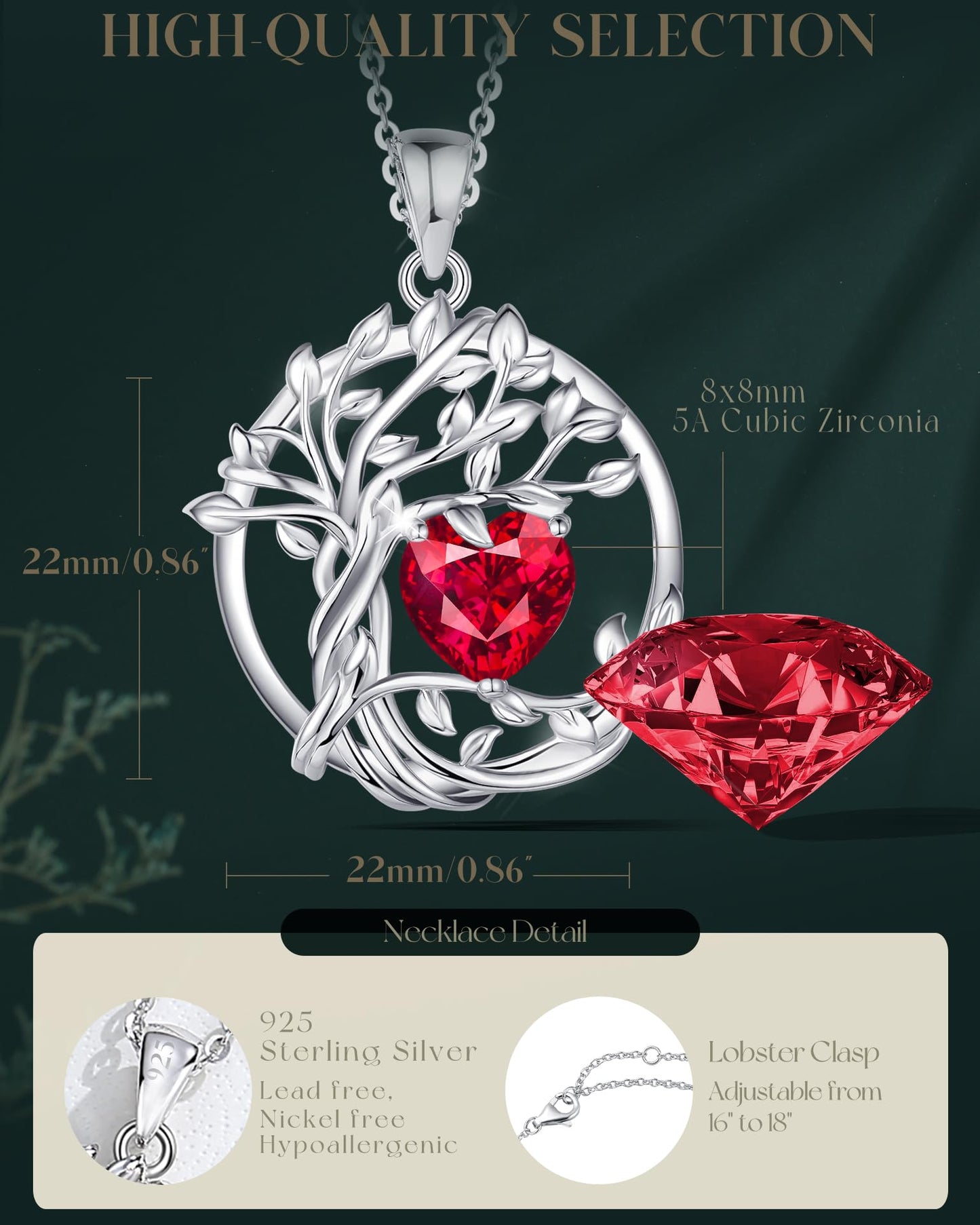 Edersee Lebensbaum Birthstone Kette für Damen 925 Sterling Silber Baum des Lebens Birthstone Anhänger Halskette Schmuck Geschenke für Frauen Mädchen, Kettenlänge: 40+5 cm