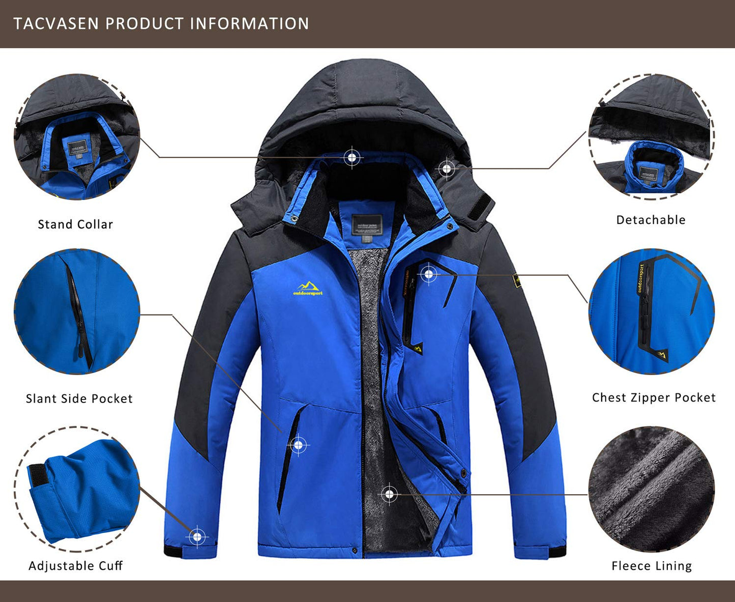KEFITEVD Herren Skijacke Atmungsaktiv Warm Gefüttert Winterjacke mit Abnehmbarer Kapuze Snowboardjacke Wasserdicht Outdoorjacke