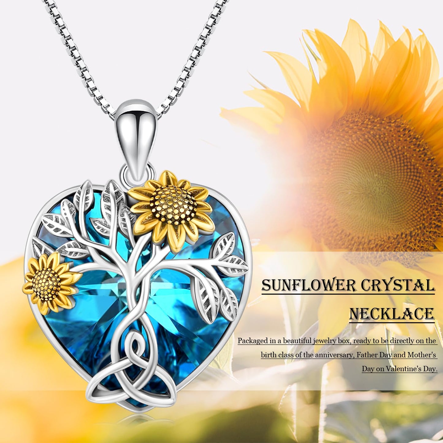 Ederseensucht-Sonnenblumen-Halskette, 925er Sterlingsilber, Gänseblümchen/Rose/Mondstein, Sonnenblumen-Baum des Lebens-Anhänger-Halskette, Sonnenblumen-Schmuck, Geschenke für Frauen, Mädchen, Mütter