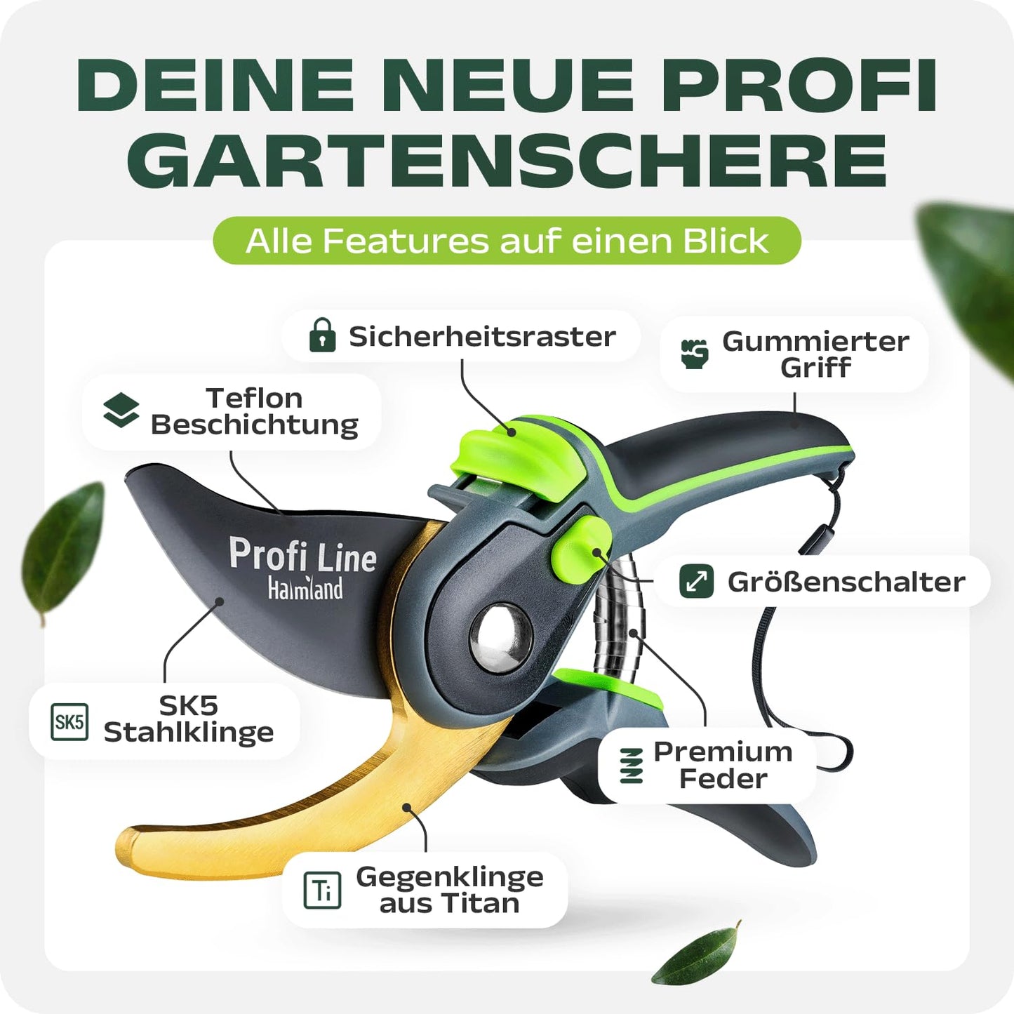 ELB halmland® Premium Gartenschere mit scharfer SK5 Stahlklinge | Astschere, Pflanzenschere | schneidet Äste bis 20mm Durchmesser | Teflon-Antihaftbeschichtung | für große & kleine Hände | Grün