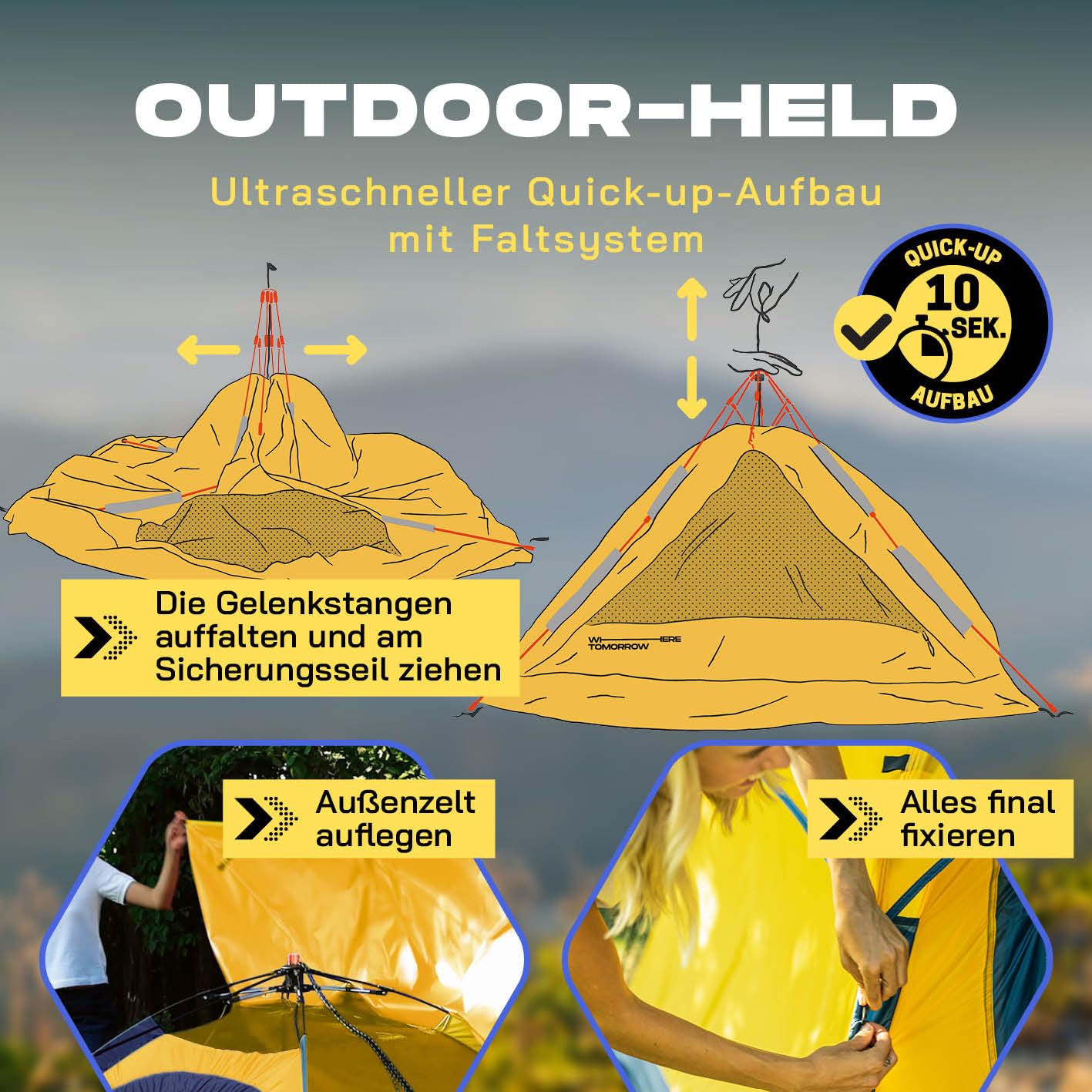 Lumaland Camping Zelt | Leichtes Pop Up Wurfzelt | 2-3 Personen Kuppelzelt | Trekking & Festival Igluzelt | Sekundenzelt Wasserdicht 210x190x110cm | Wind- & Sonnenschutz | Mit 1 & 2 Eingängen