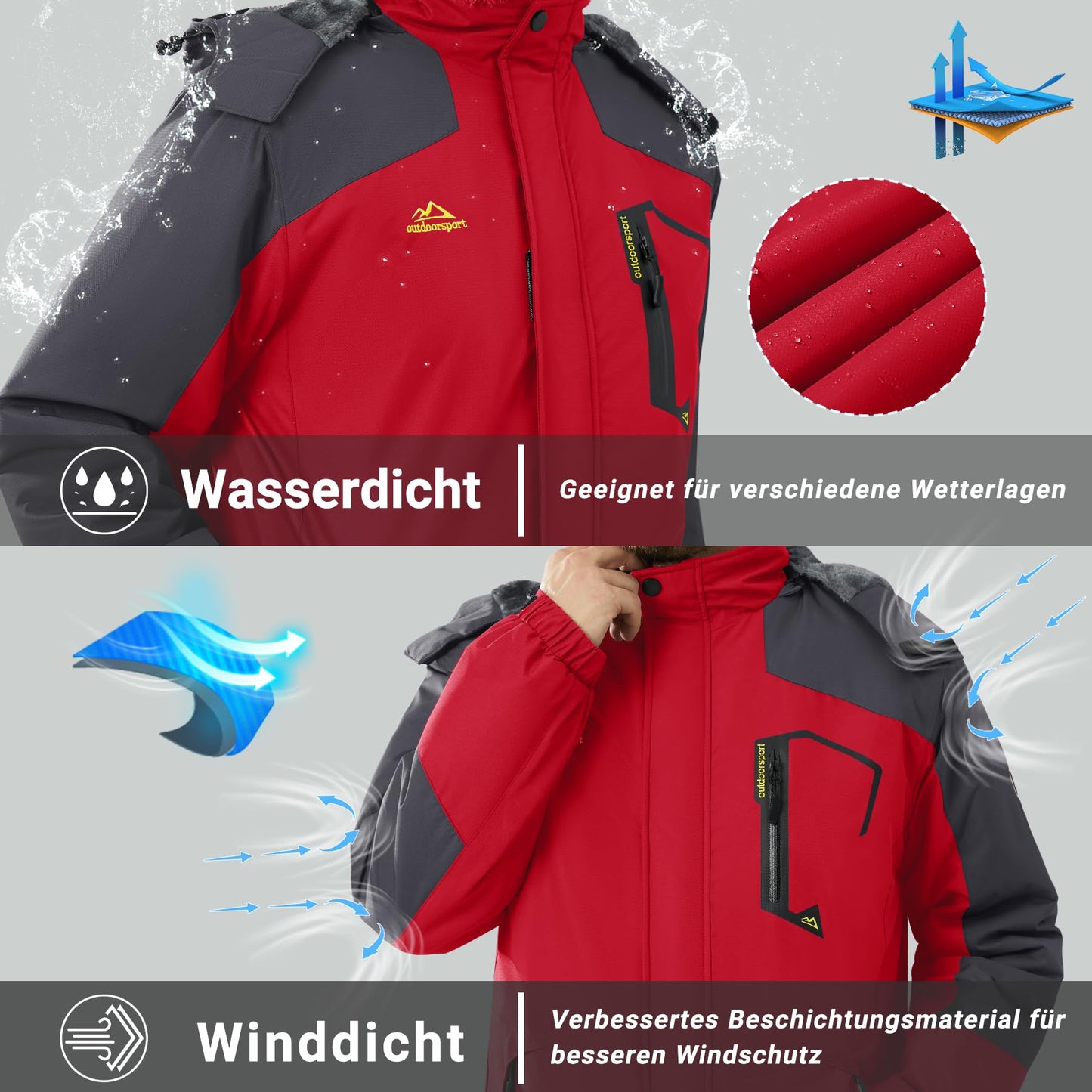 KEFITEVD Herren Skijacke Atmungsaktiv Warm Gefüttert Winterjacke mit Abnehmbarer Kapuze Snowboardjacke Wasserdicht Outdoorjacke