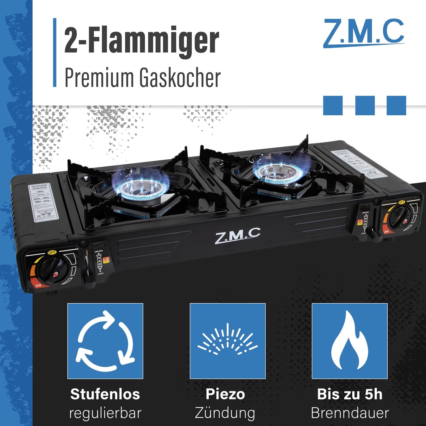 Z.M.C PREMIUM Camping Gaskocher 2-flammig + Grillplatte 45x24 cm + 8 Gaskartuschen 227g, Campingkocher mit Zündsicherung für Outdoor und Innenraum, Balkon Doppelgaskocher mit Piezozündung