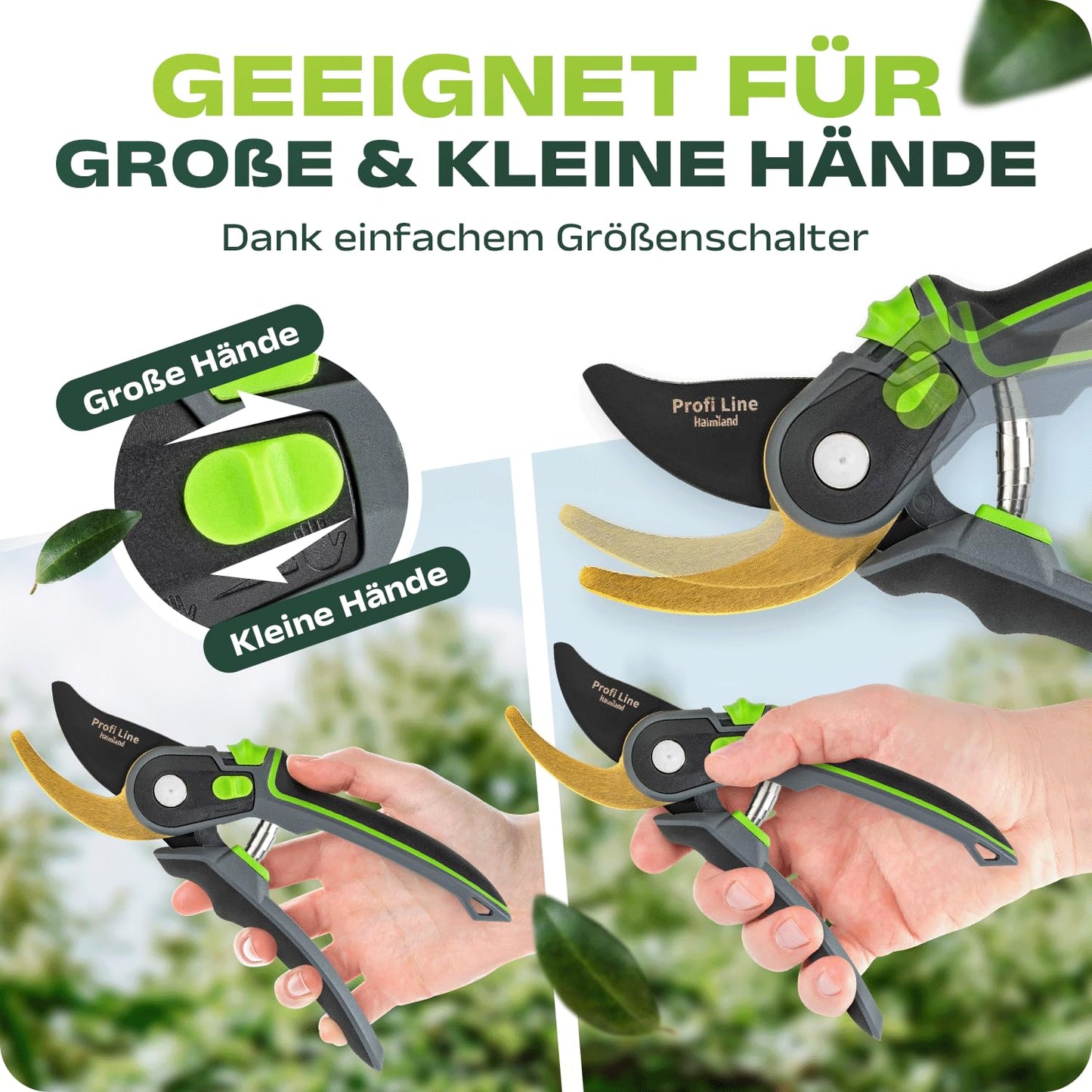 ELB halmland® Premium Gartenschere mit scharfer SK5 Stahlklinge | Astschere, Pflanzenschere | schneidet Äste bis 20mm Durchmesser | Teflon-Antihaftbeschichtung | für große & kleine Hände | Grün