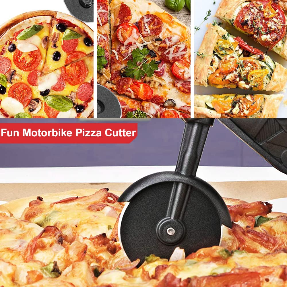 ELB Biker Motorrad Pizzaschneider, Lustige Pizza Schneider Edelstahl Kunststoff Pizzaroller Pizzarad Pizzamesser, Pizza Cutter mit Scharfem Schneiderad & Ständer für Weihnachten Kreativ Geschenke (Rot)