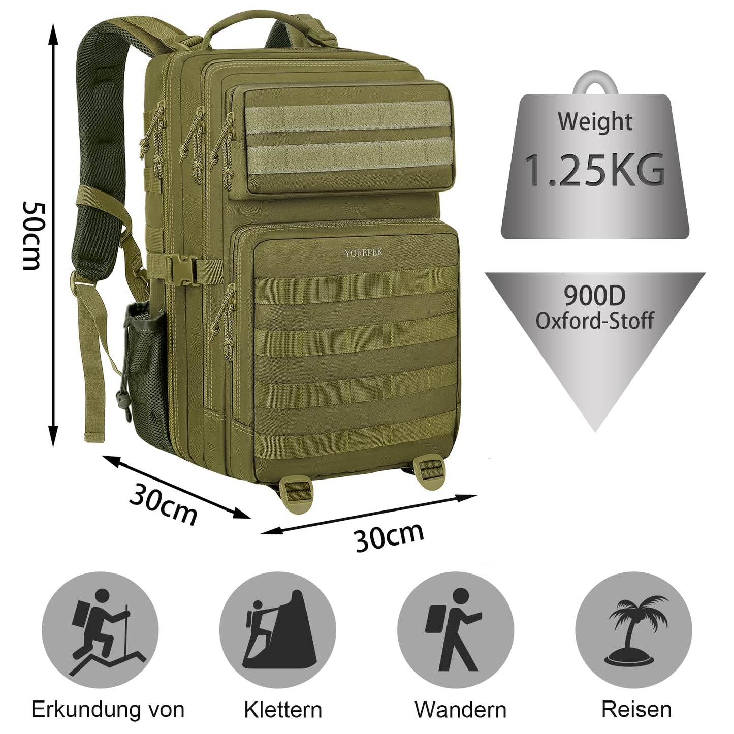 1.ELB Adventure YOREPEK Großer Militär Rucksack Herren, 40L Outdoor Armee Wasserdicht Taktischer Bundeswehr Rucksäcke Molle Assault Survival Tactical Travel Backpack für Camping Trekking Wandern Reise Arbeit, Schwarz