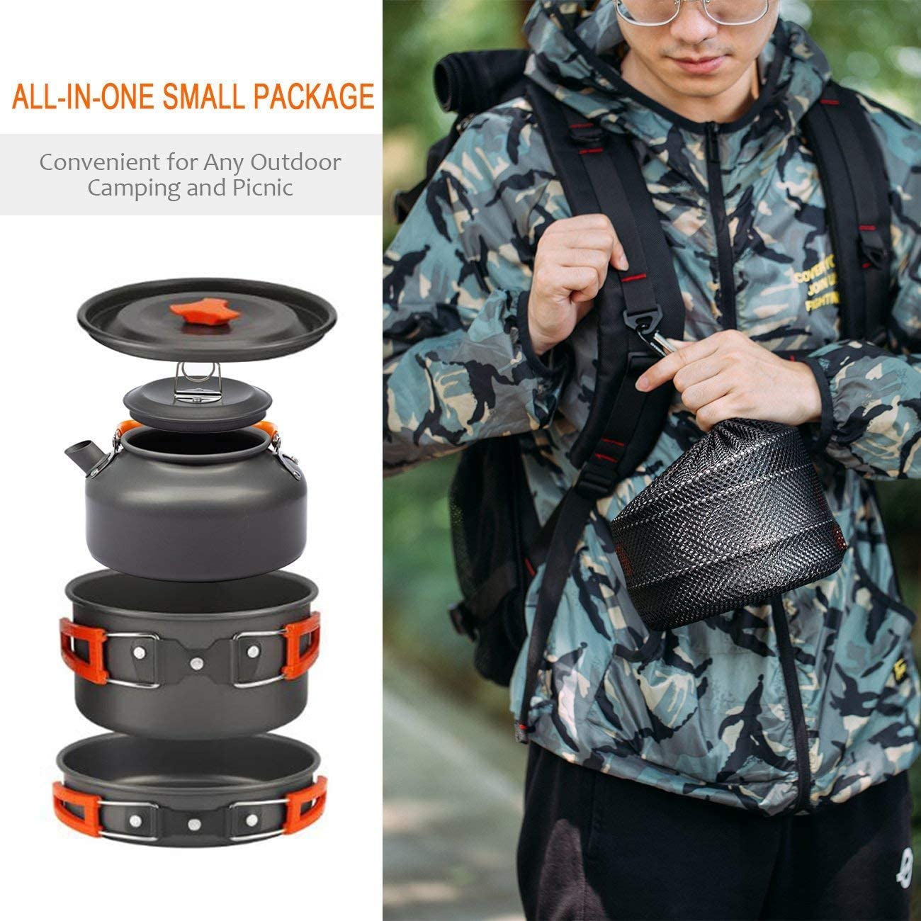 OVERMONT Camping Kochgeschirr Set Outdoor Geschirr Set Kochtopf Set Grillgeschirr Picknick Topf mit Kaffeekanne Teekanne Aluminium