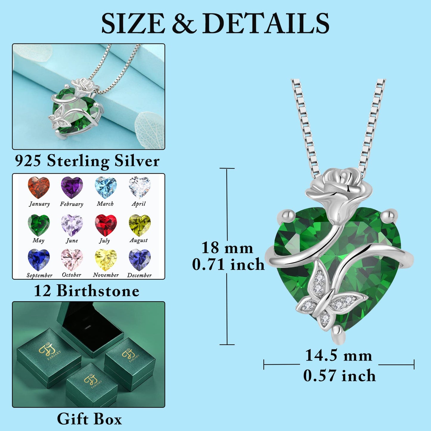 FJ Herz Geburtsstein Kette Damen 925 Sterling Silber Schmetterling Kette Anhänger mit Rose Blume Schmuck Geschenke für Frauen Mutter Freundin Mama
