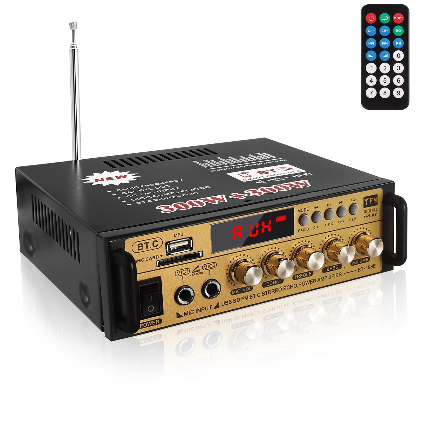 Etlephe Mini Verstärker,HIFI Verstärker,Bluetooth 5.0-Stereo Audio,12 V 220 V 600 W, 2 Kanäle, LCD-Display, High Fidelity, tragbares UKW-Radio, SD/USB-Karteneingang, für Zuhause oder Auto