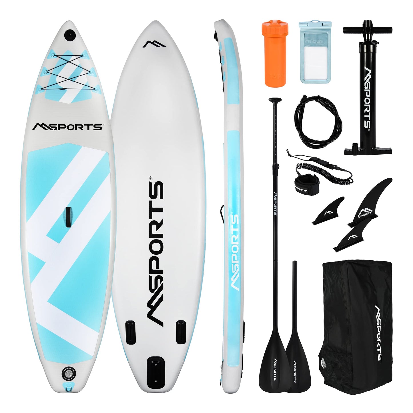 MSPORTS Stand Up Paddle Board Aufblasbar Komplettes Paddleboard Zubehör Verstellbares Paddel, hochwertige Pumpe + 2X Paddelstock + wasserdichte Smartphone Tasche + Multifunktionstasche