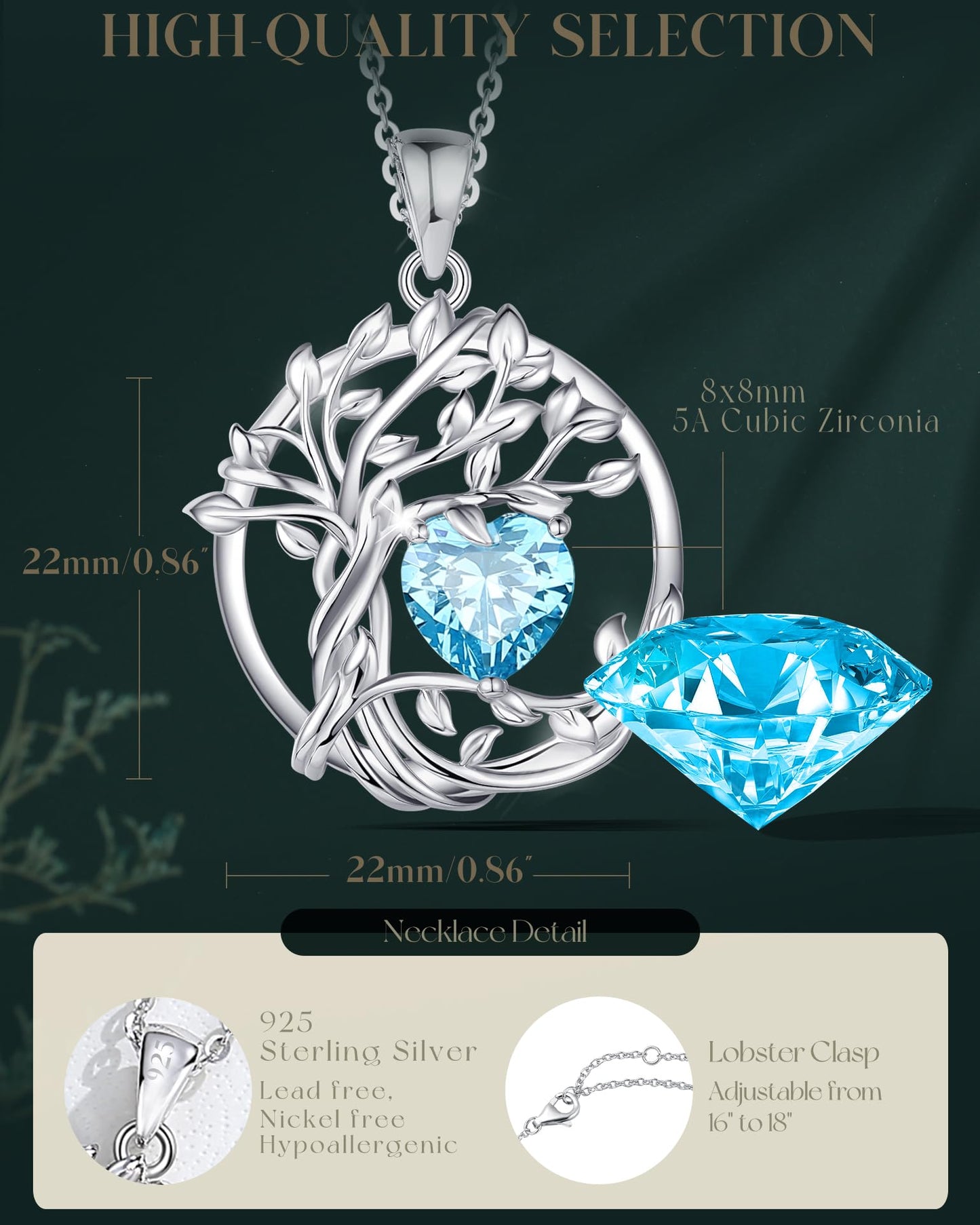 Edersee Lebensbaum Birthstone Kette für Damen 925 Sterling Silber Baum des Lebens Birthstone Anhänger Halskette Schmuck Geschenke für Frauen Mädchen, Kettenlänge: 40+5 cm
