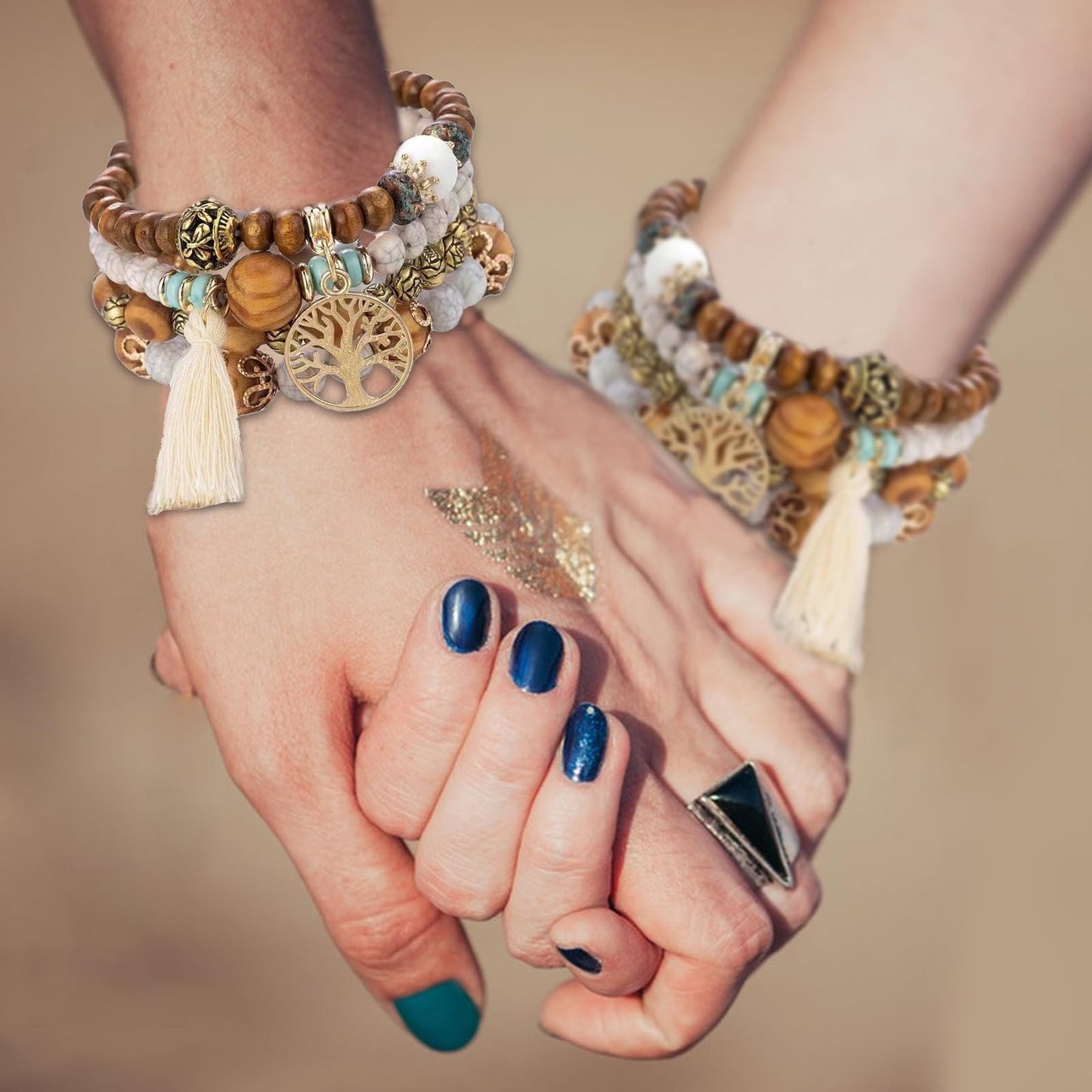 Sternstunde 4 Stück Boho Armbänder Damen, Chakra Armband für Frauen, Schmuck Boho Armreifen mit Holzperlen und Quaste, Chakra Armband, Lebensbaum-Charm, Liebe, Statement-Armreifen