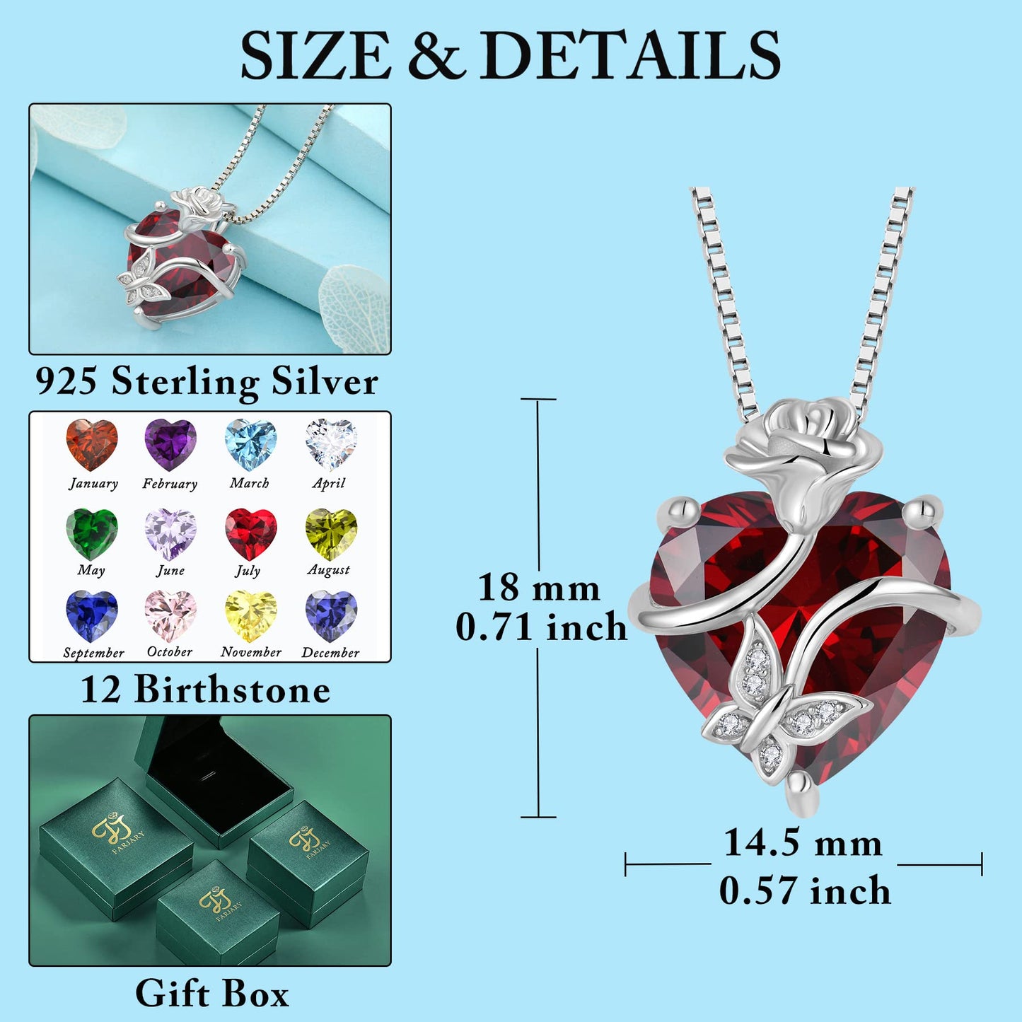 FJ Herz Geburtsstein Kette Damen 925 Sterling Silber Schmetterling Kette Anhänger mit Rose Blume Schmuck Geschenke für Frauen Mutter Freundin Mama