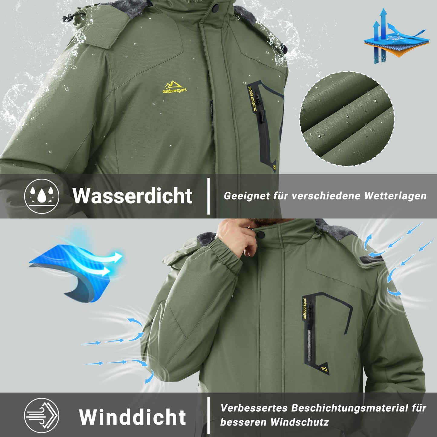 KEFITEVD Herren Skijacke Atmungsaktiv Warm Gefüttert Winterjacke mit Abnehmbarer Kapuze Snowboardjacke Wasserdicht Outdoorjacke