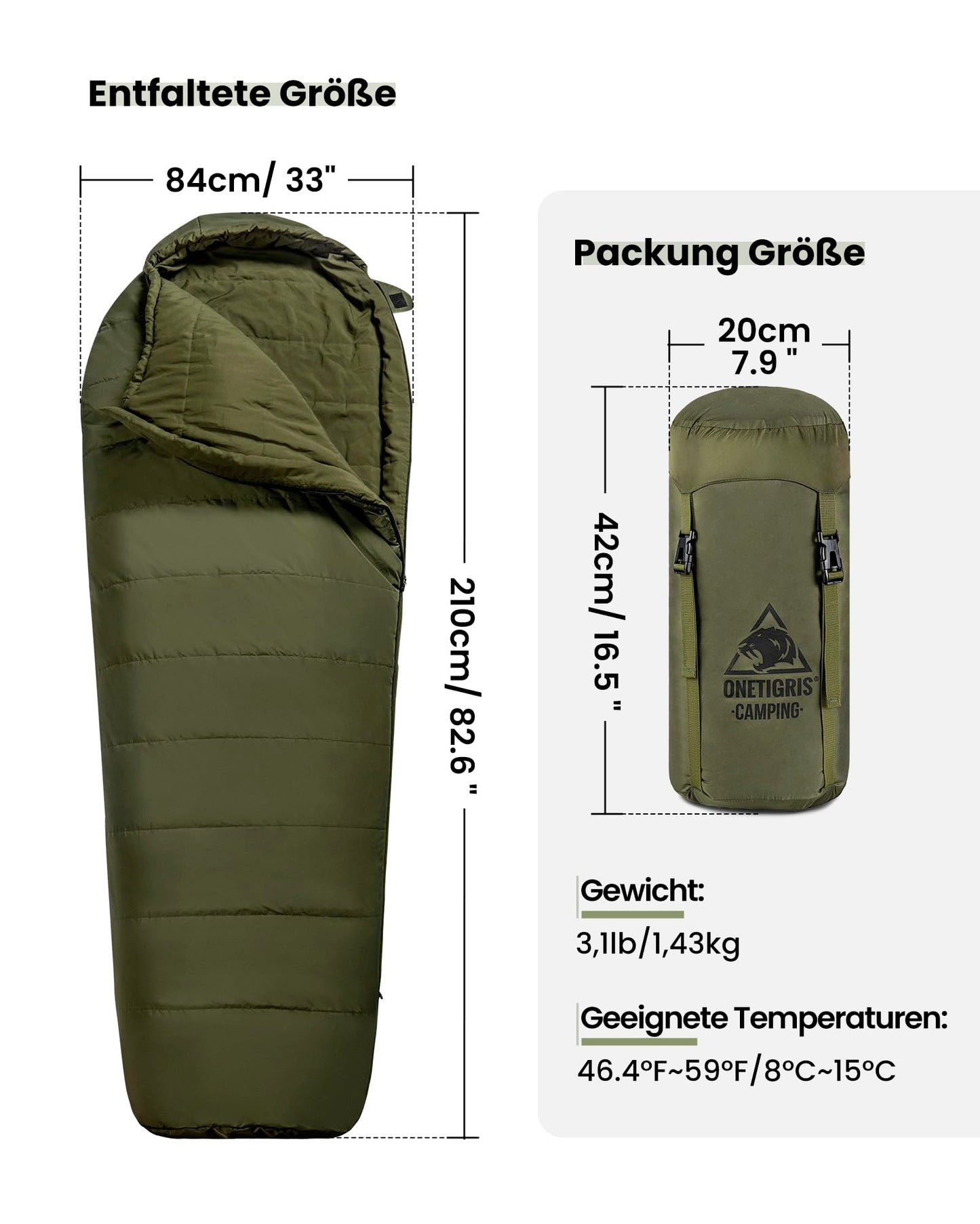 OneTigris Schlafsack Outdoor kleines Packmaß 3 Jahreszeiten 8 °C -15 °C Mumienschlafsack Ultraleicht kompakt für Camping, Reisen, Wandern