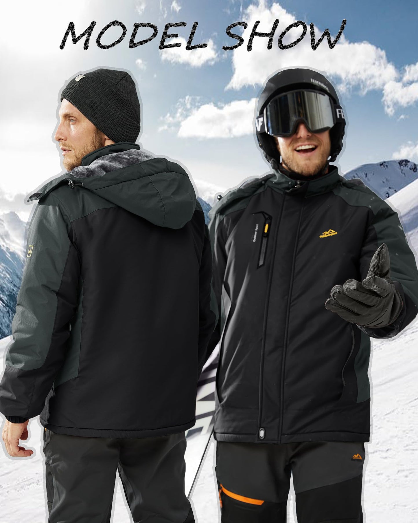 KEFITEVD Snowboardjacke Herren Warm Gefüttert Skijacke Wasserdicht Softshell Jacke mit Kapuze Fleece Winterjacke Atmungsaktiv Funktionsjacke