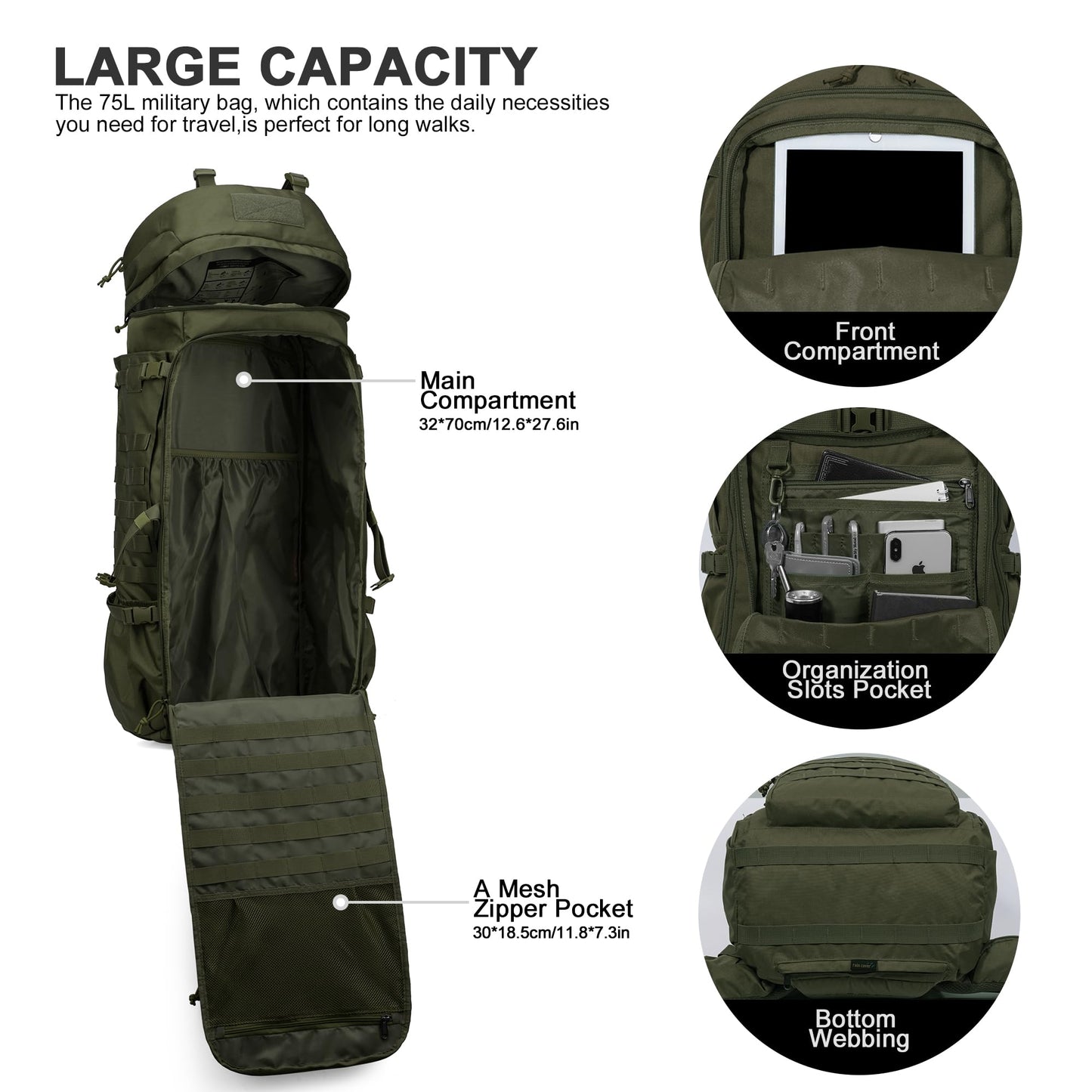 ELB Marder Mardingtop 75L Rucksack Taktischer Rucksack Wanderrucksack Trekkingrucksack YKK Zipper mit der großen Kapazität