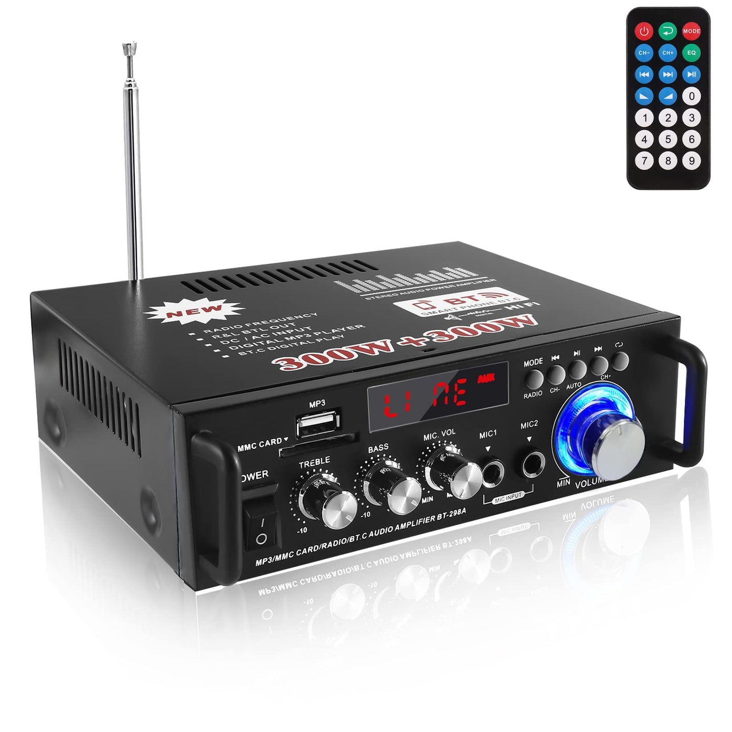 Etlephe Mini Verstärker,HIFI Verstärker,Bluetooth 5.0-Stereo Audio,12 V 220 V 600 W, 2 Kanäle, LCD-Display, High Fidelity, tragbares UKW-Radio, SD/USB-Karteneingang, für Zuhause oder Auto