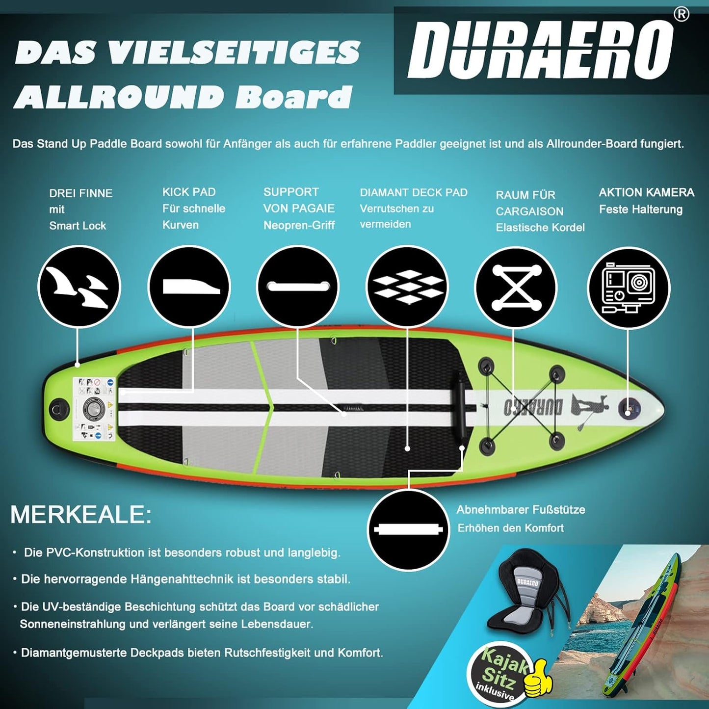 3.ELB Adventure Stand up Paddling Board Aufblasbare SUP Board Set, inkl. Kajak Sitz, 330x76x15cm, Tragkraft bis 150Kg, Cam Halterung, Integrierte Kick-Pad, 3 Finnen, Verstellbares Doppel-Paddel, Komplettes Zubehör