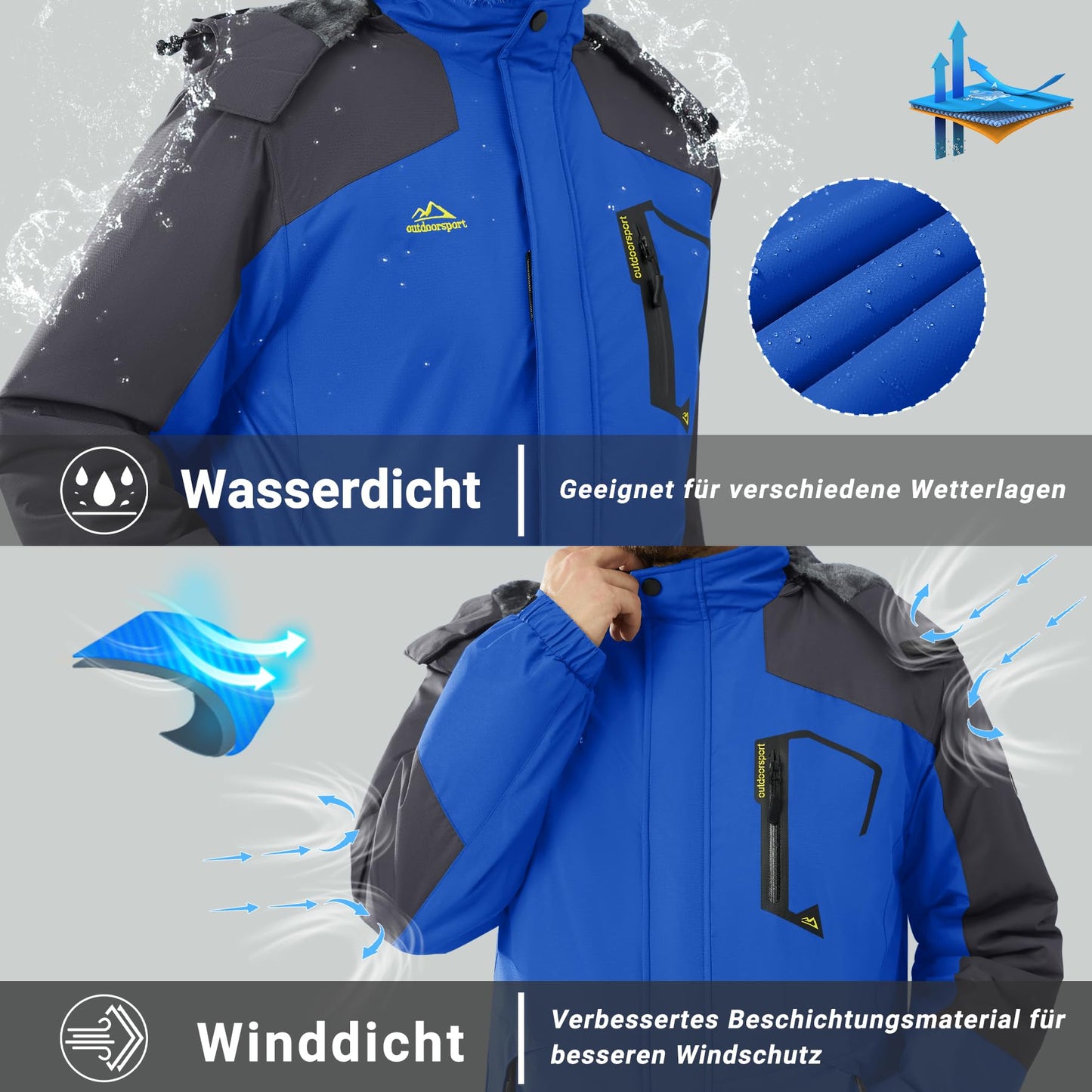KEFITEVD Herren Skijacke Atmungsaktiv Warm Gefüttert Winterjacke mit Abnehmbarer Kapuze Snowboardjacke Wasserdicht Outdoorjacke