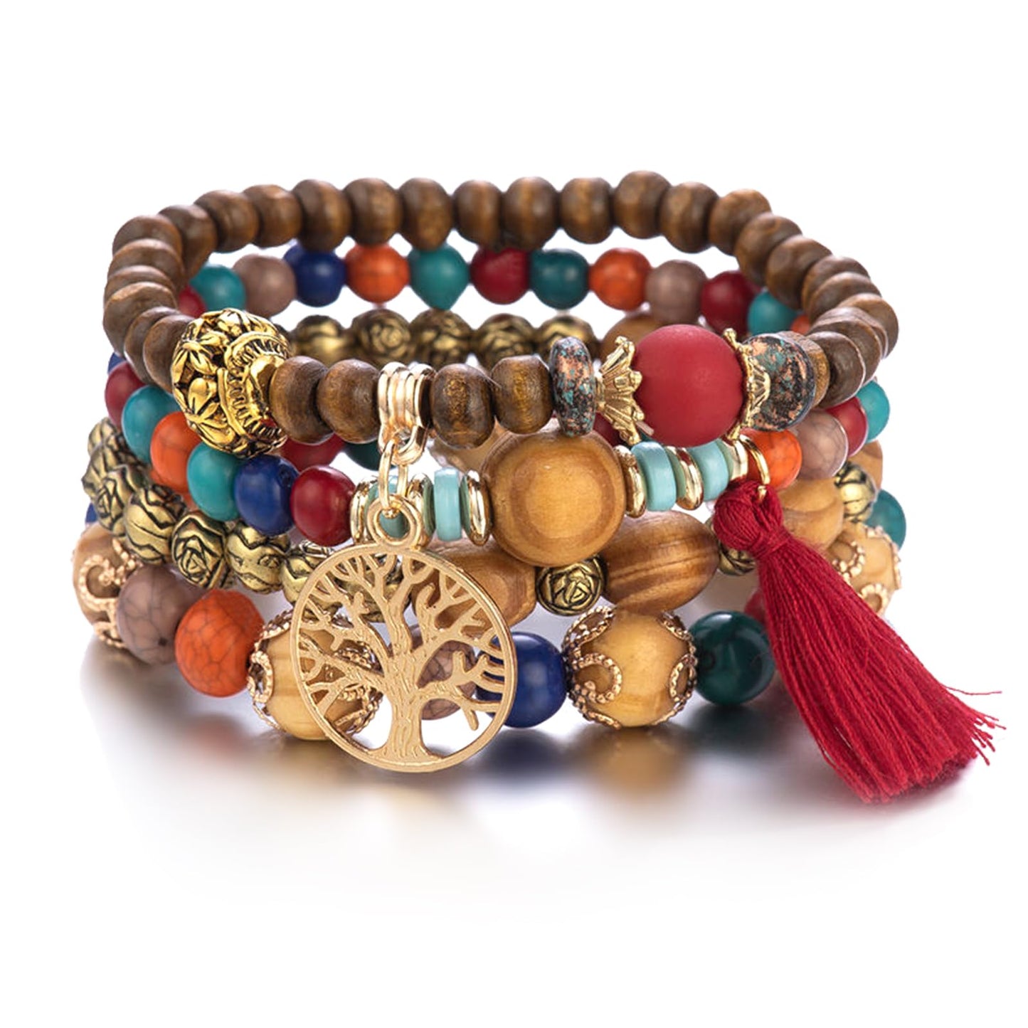 Sternstunde 4 Stück Boho Armbänder Damen, Chakra Armband für Frauen, Schmuck Boho Armreifen mit Holzperlen und Quaste, Chakra Armband, Lebensbaum-Charm, Liebe, Statement-Armreifen