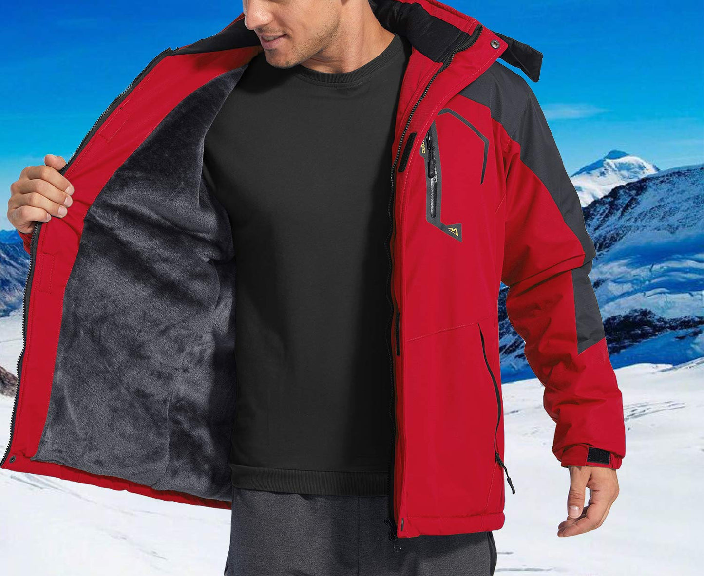 KEFITEVD Herren Skijacke Atmungsaktiv Warm Gefüttert Winterjacke mit Abnehmbarer Kapuze Snowboardjacke Wasserdicht Outdoorjacke